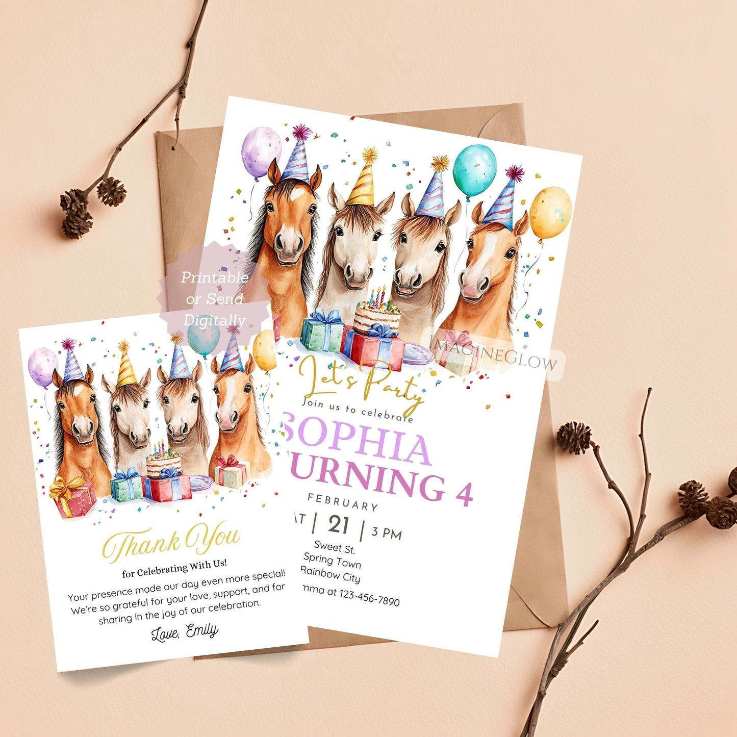 horse themed birthday invite and thank you card
printable horse party invitation and thank you