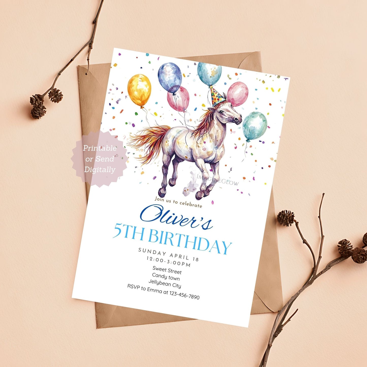 Horse birthday party invitation with colorful balloons
