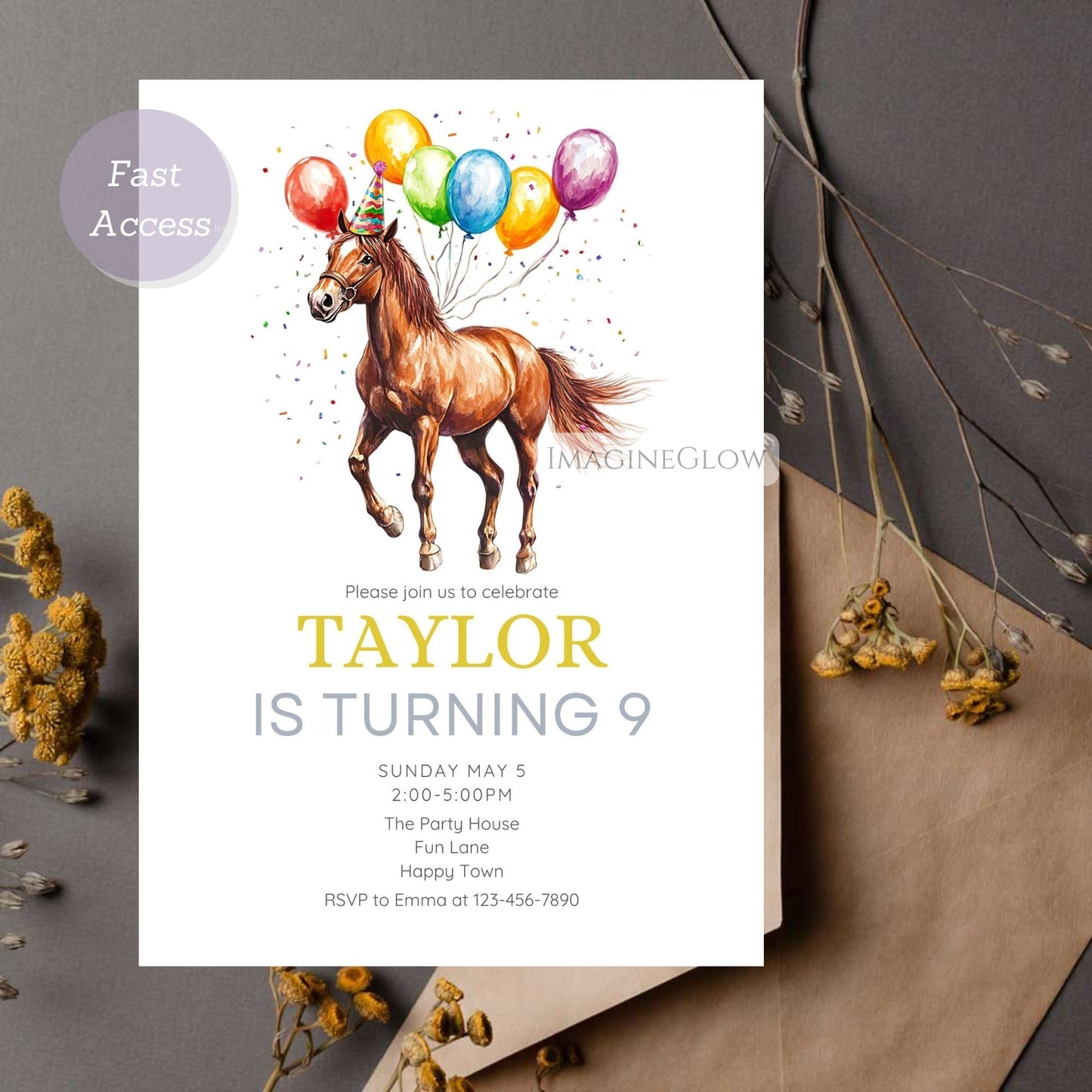 Horse Birthday Party Invitation - Western Cowgirl Cowboy Party Invite Template