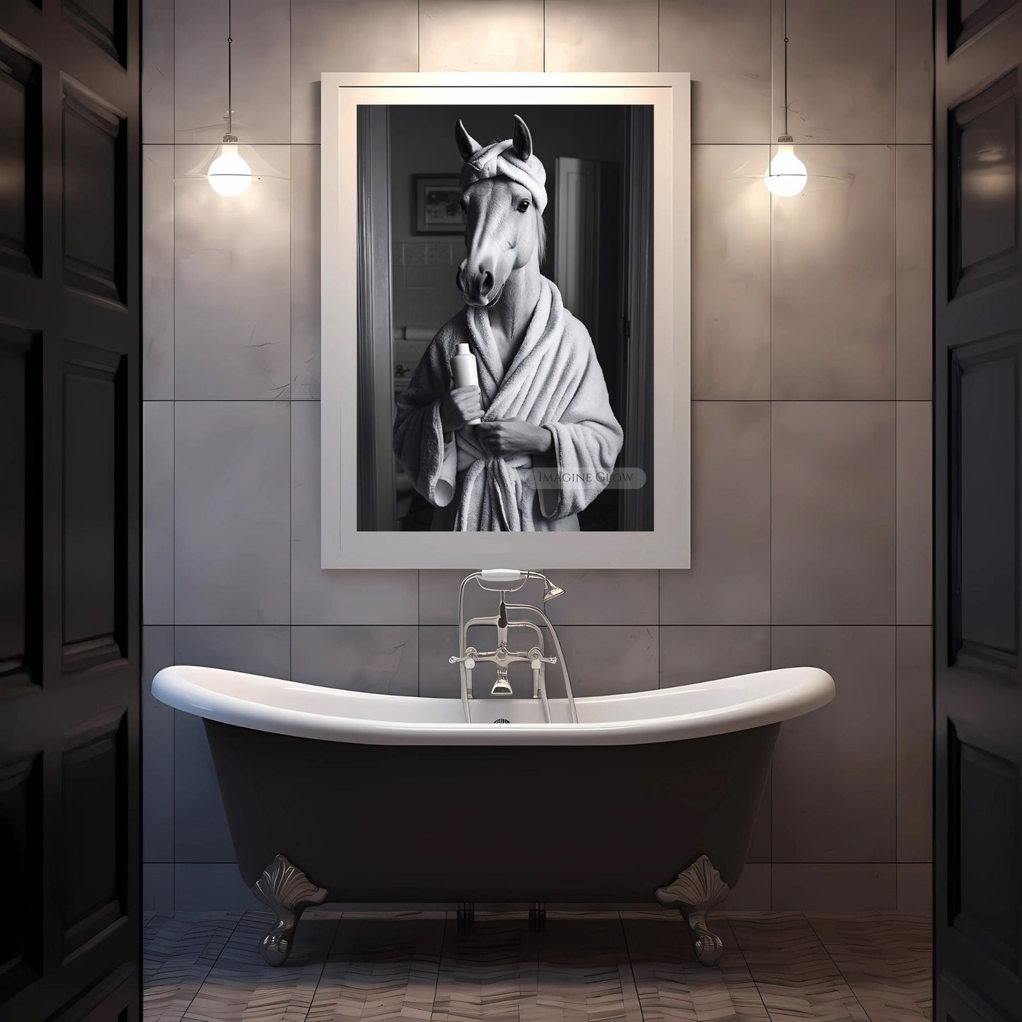 Humorous horse print for restroom walls
Horse print bathroom wall art gift