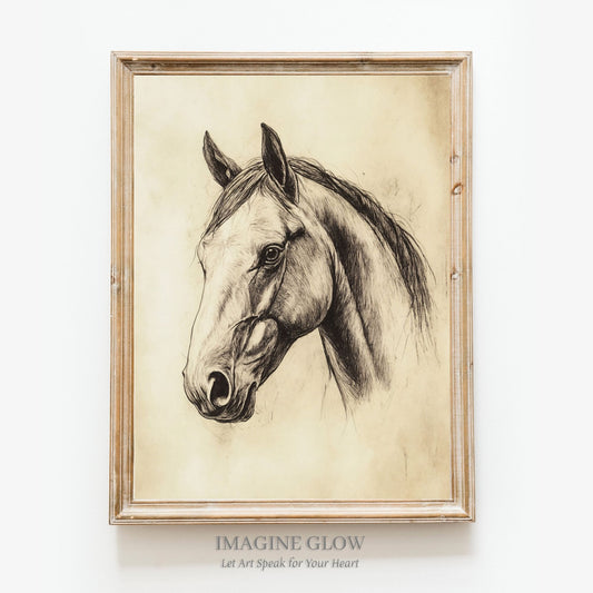 Vintage horse sketch art print in pencil.