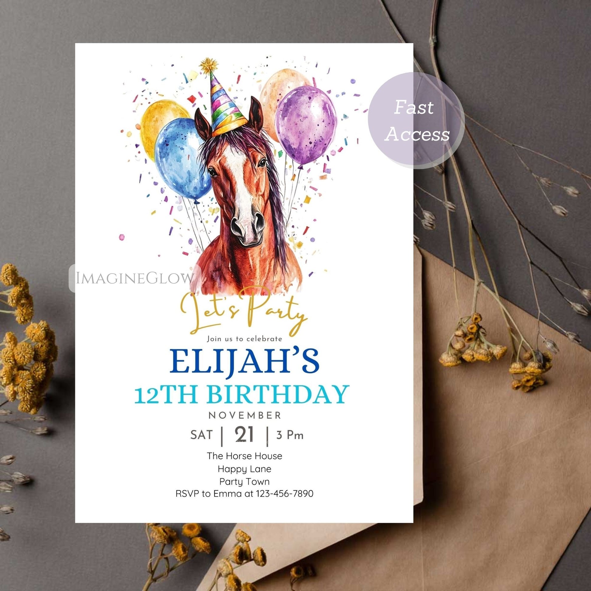 Horse-themed party invite with balloons for kids' celebration