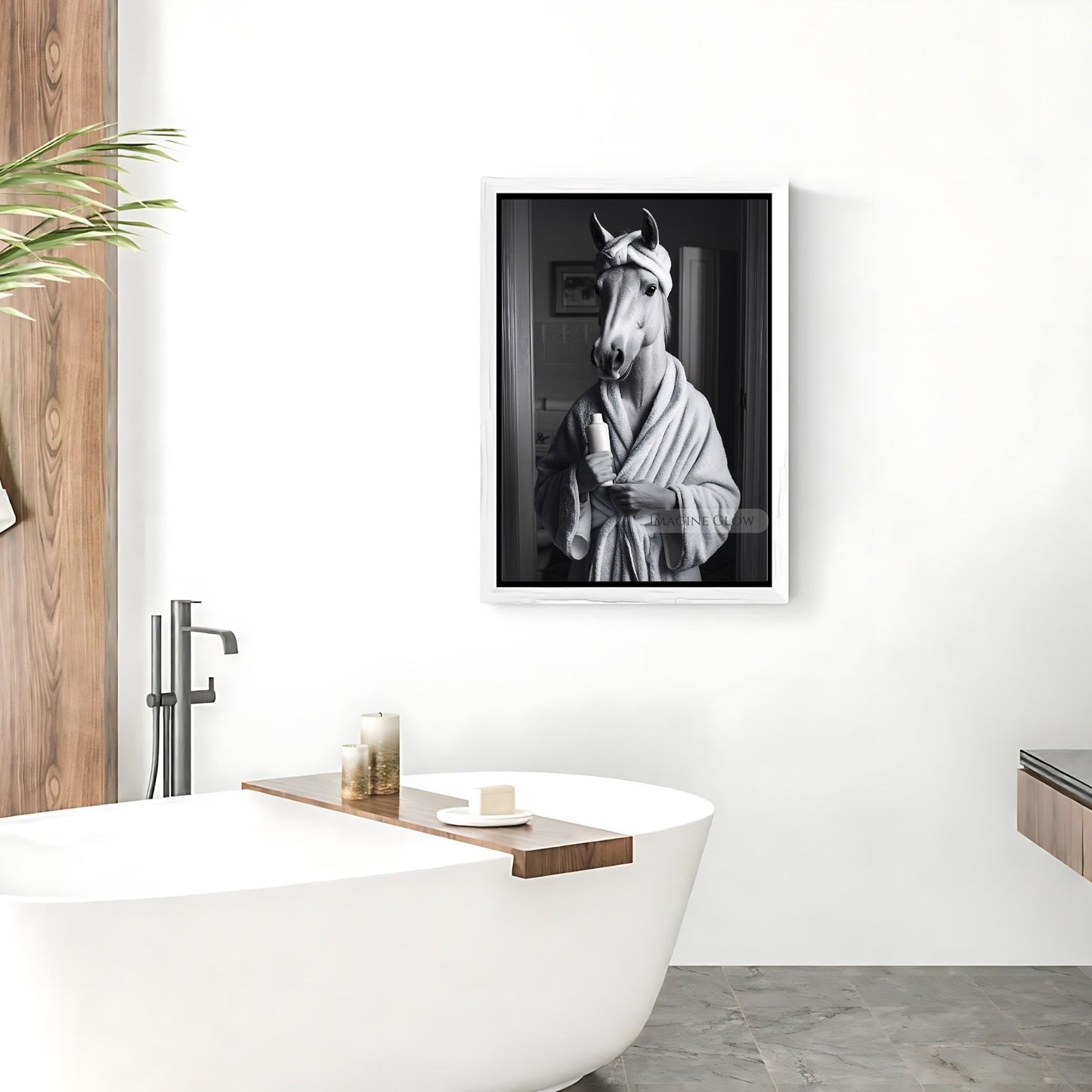 Horse in bathrobe bathroom print