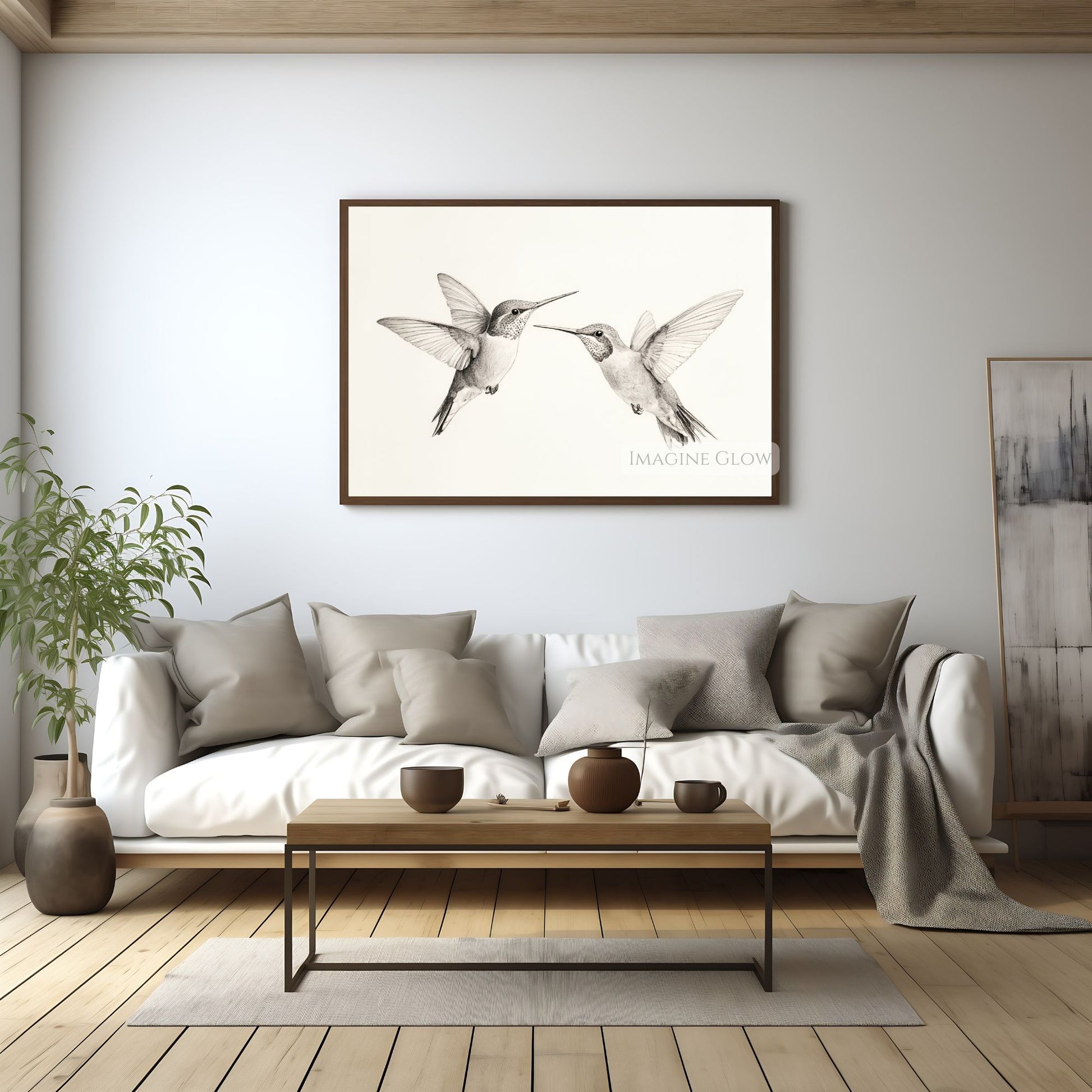 Delicate two hummingbirds sketch for printable art.