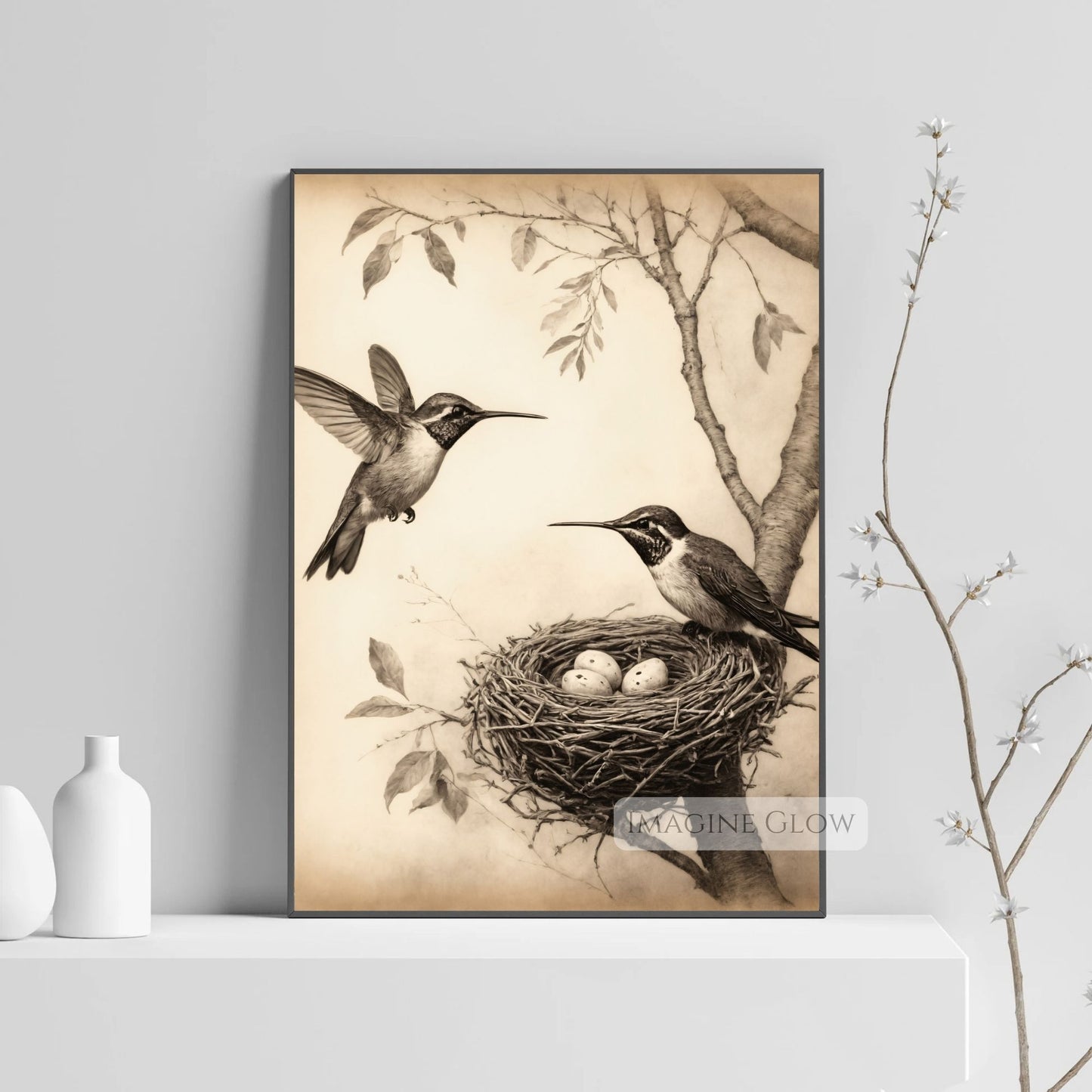 Elegant vintage bird nest illustration digital download