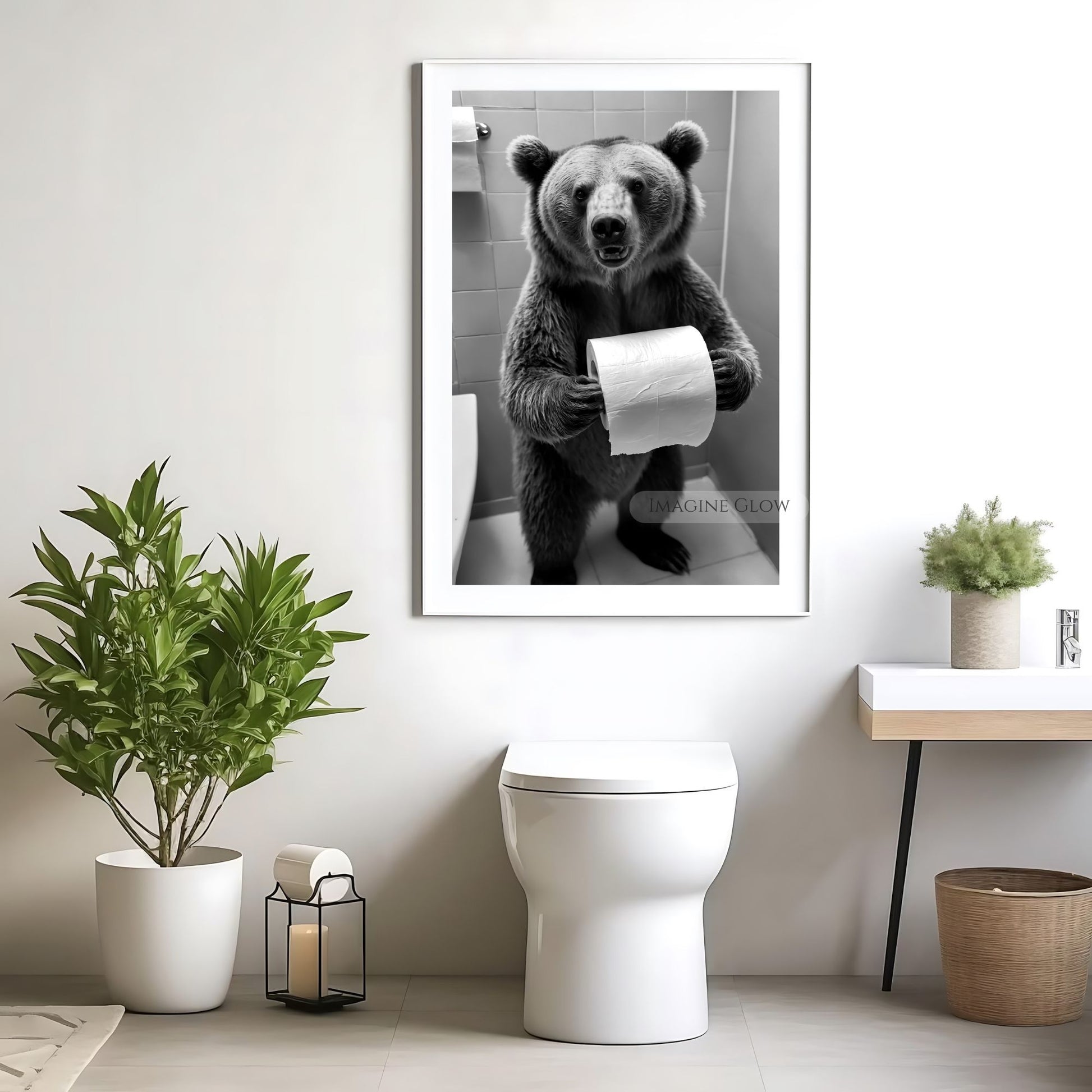 Bear holding toilet paper, funny bathroom wall art.
