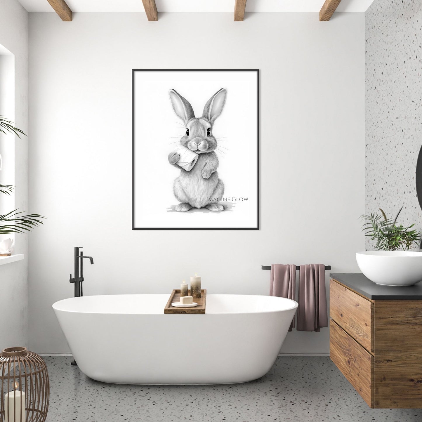 Black-and-white farmhouse art featuring a bunny with toilet paper.