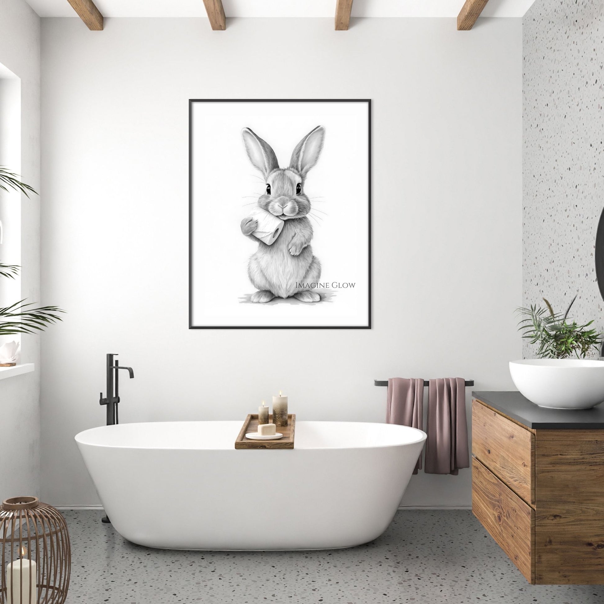Black-and-white farmhouse art featuring a bunny with toilet paper.