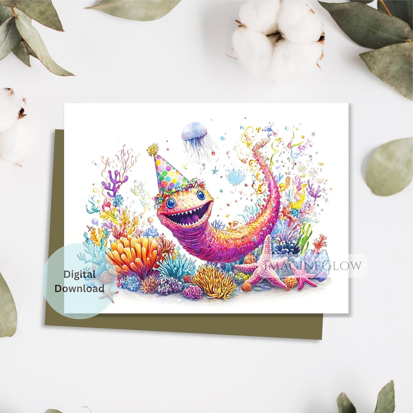 Colorful underwater scene with a fish and coral on a white card
