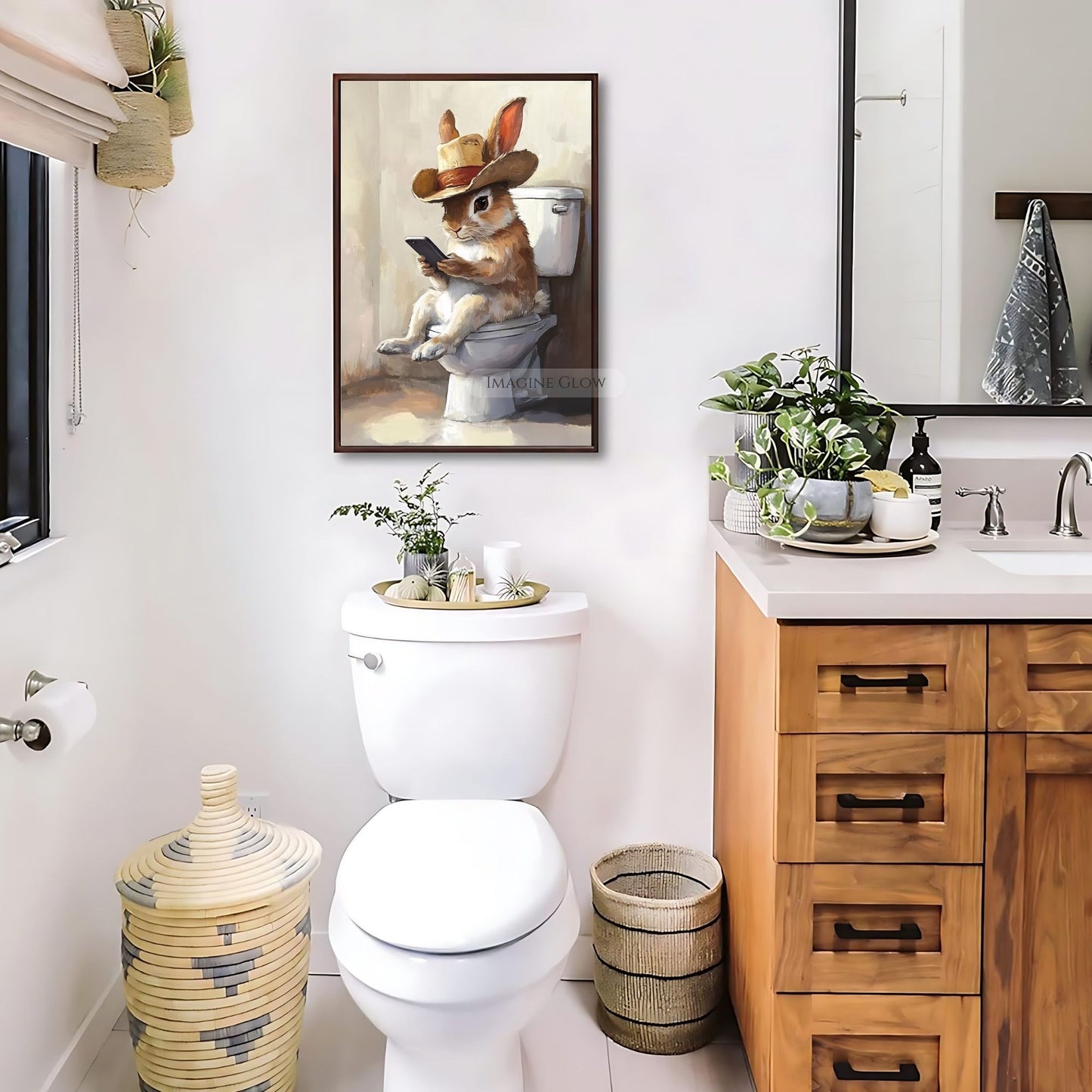 Funny rabbit restroom wall digital art for nursery