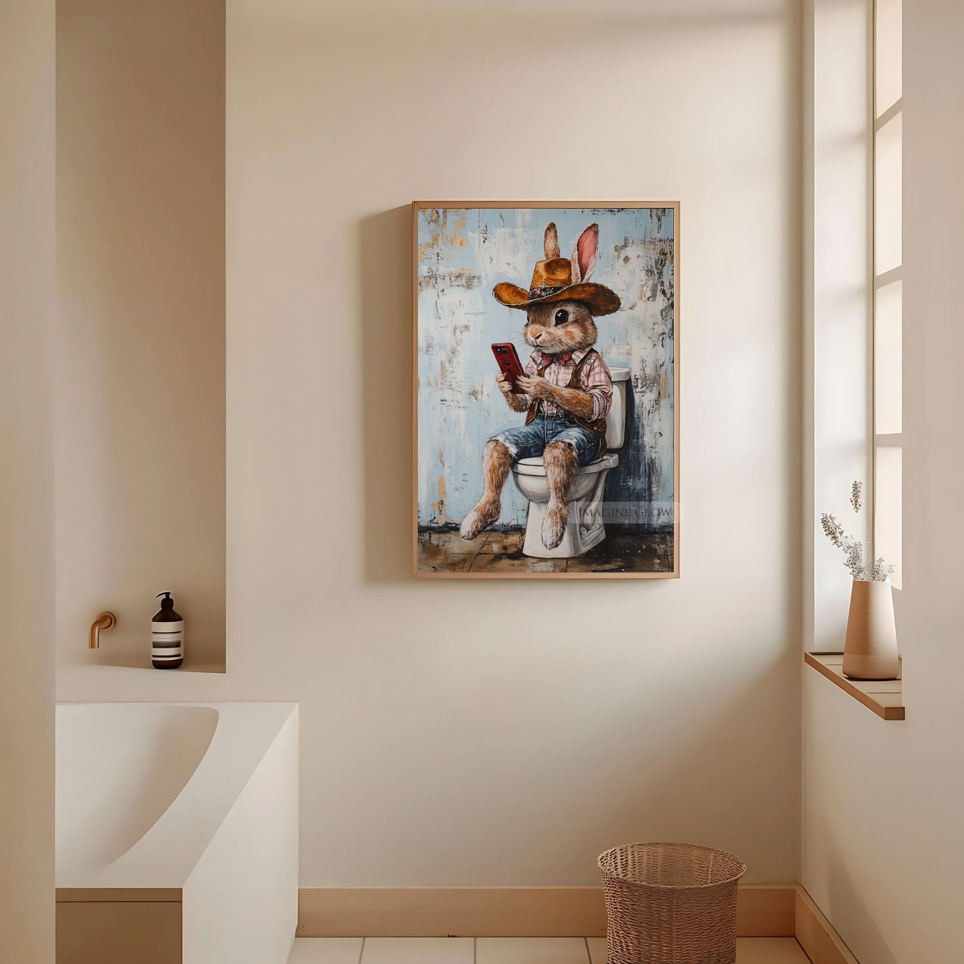 Cowboy rabbit playing mobile phone on toilet digital print.