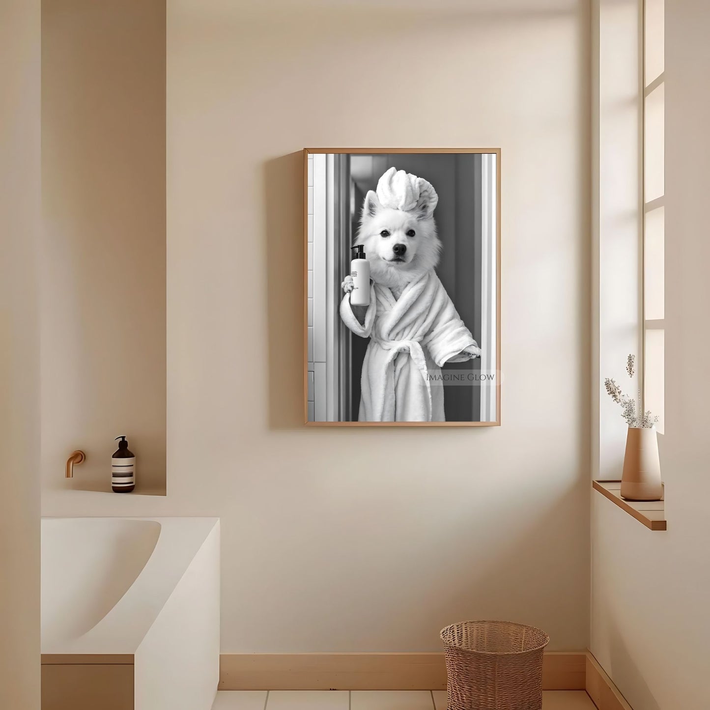 Minimalist Samoyed bathroom print featuring a dog in a robe