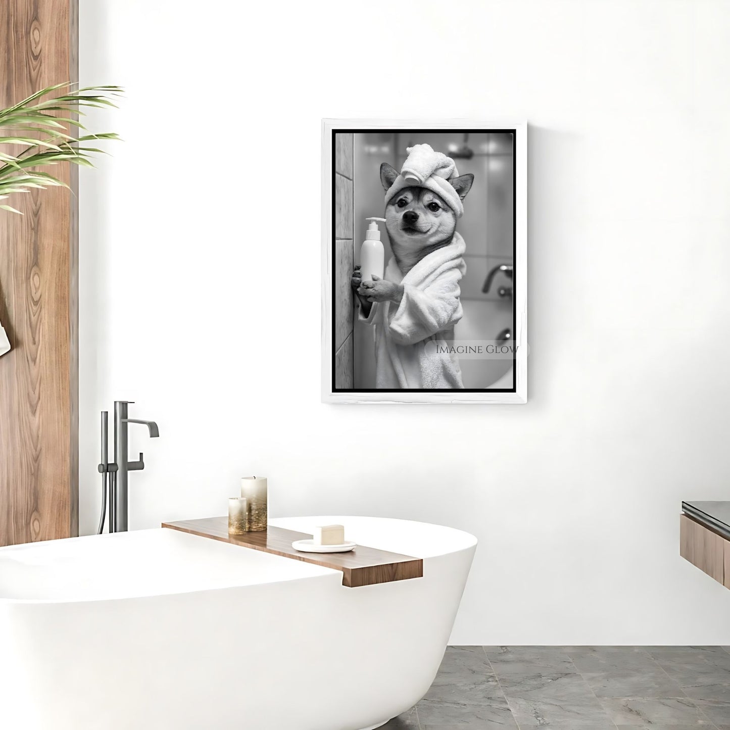 Black-and-white Shiba Inu dog photo art for bathroom decor