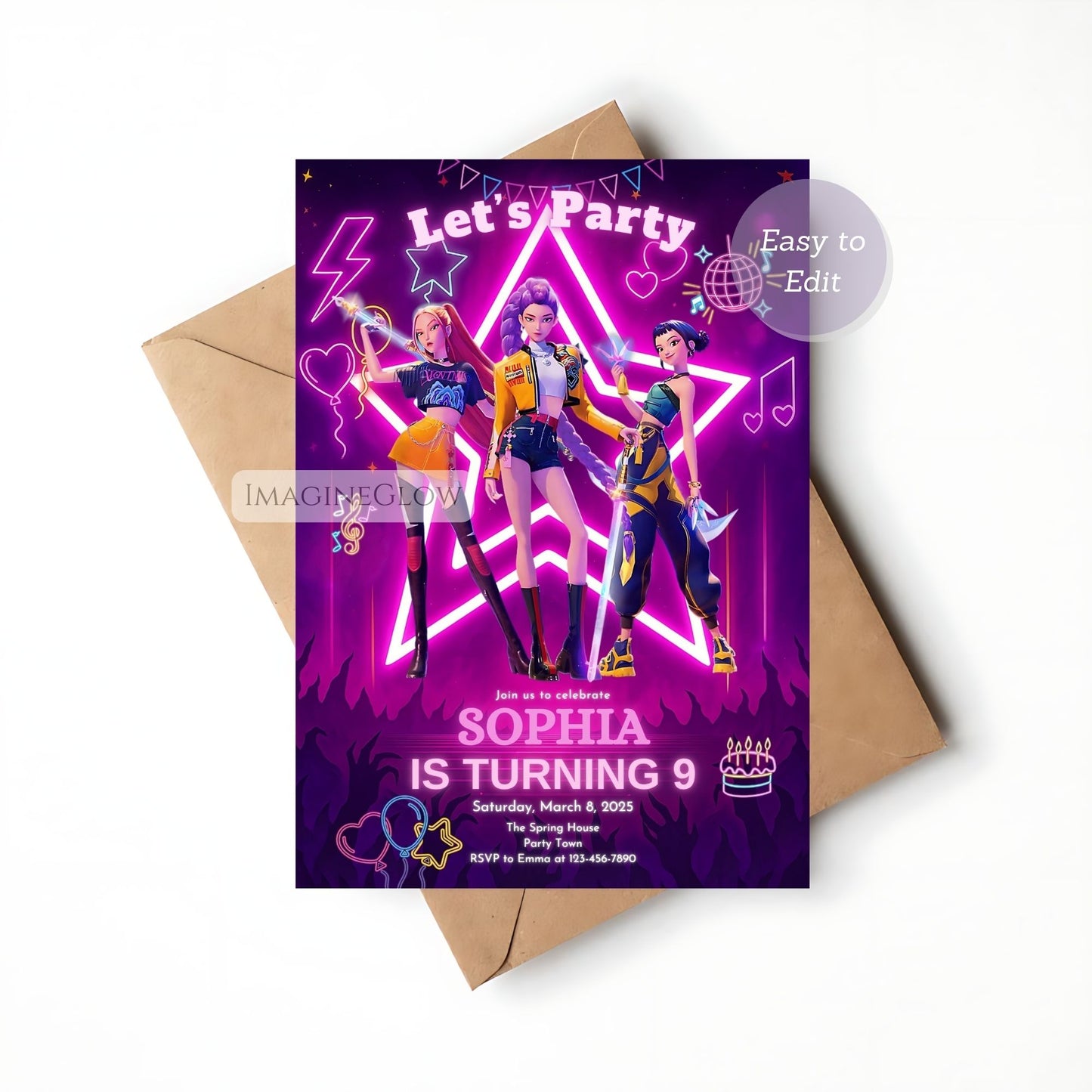 anime style kpop demon hunters invite
huntrix kpop fan party invitation