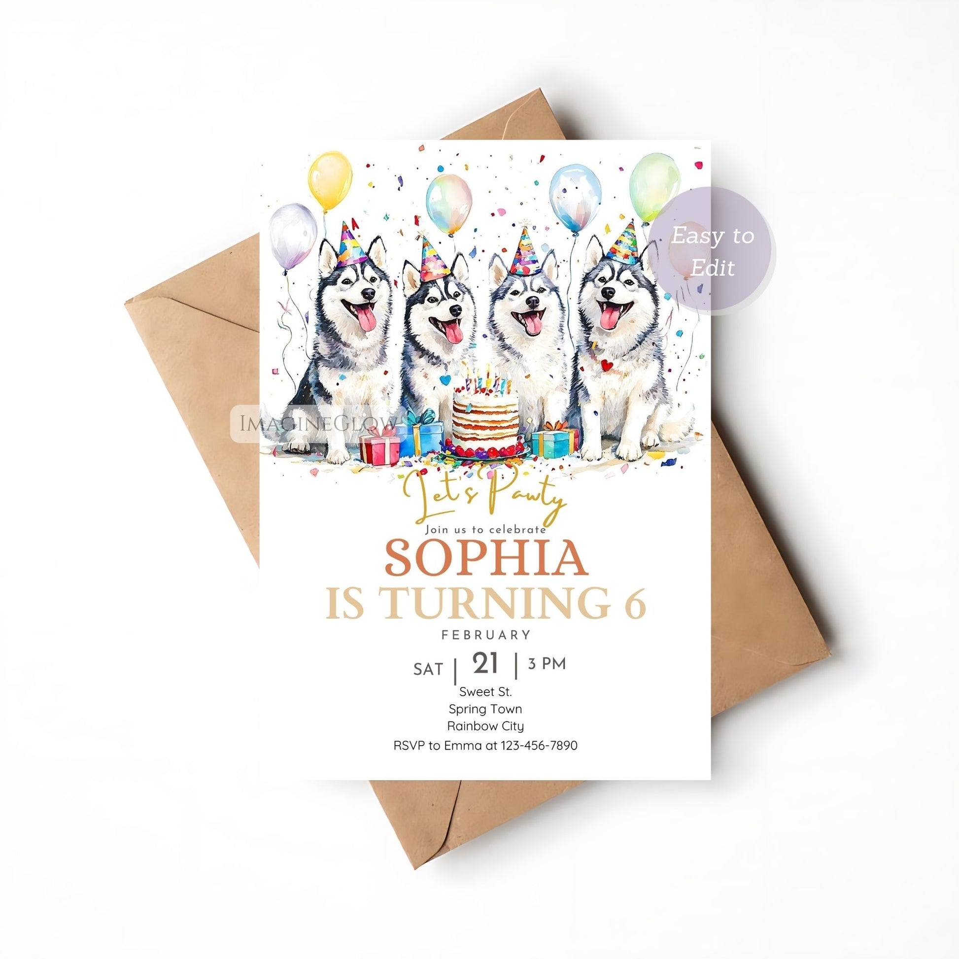 Editable 4 Husky dog birthday invitation template