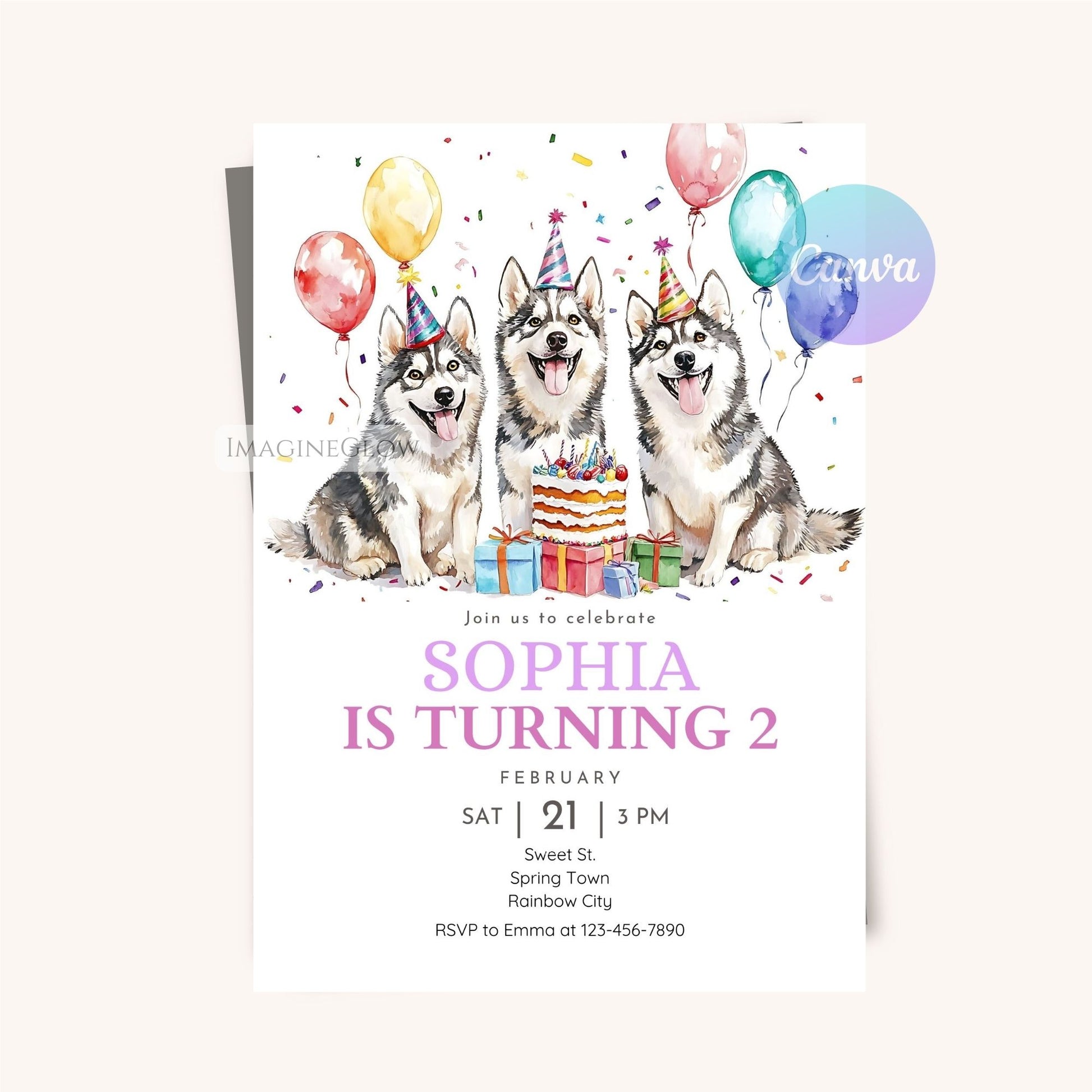 Editable Husky birthday invitation with a cute design