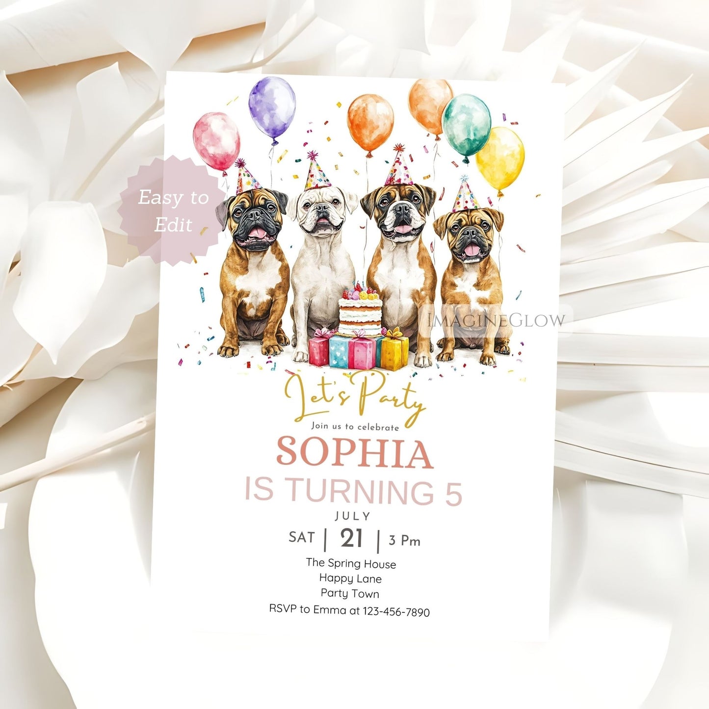 Printable boxer birthday party invitation
Fun dog lover birthday invitation editable