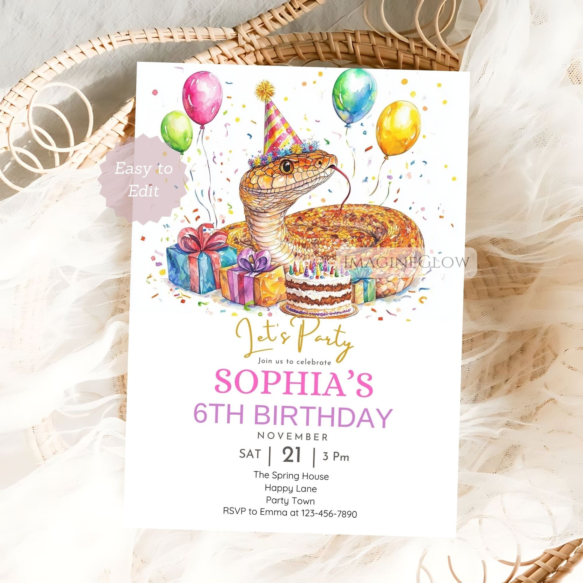 Reptile themed corn snake party invitation template