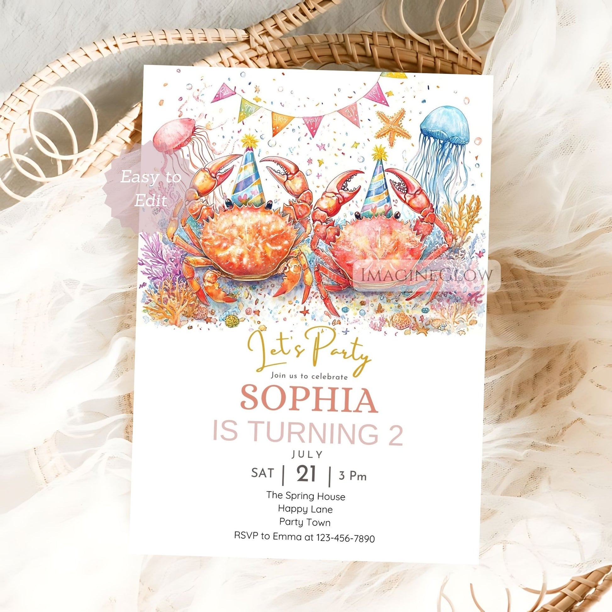 Editable crab birthday invitation template
Printable crab birthday party invitation