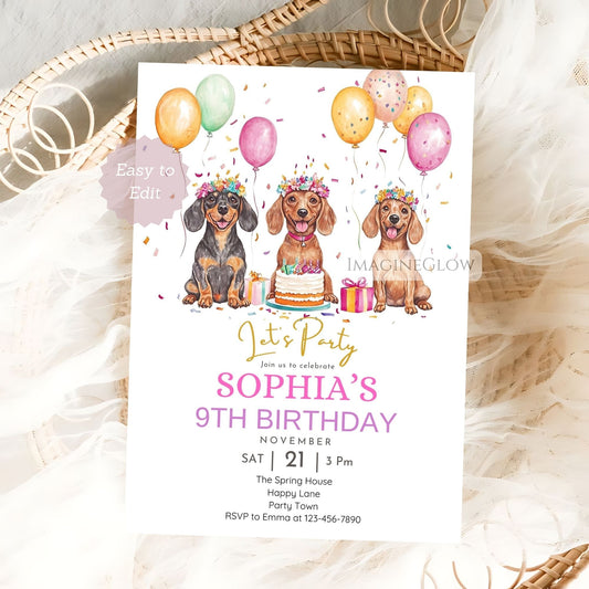 Instant download dachshund floral birthday invitation