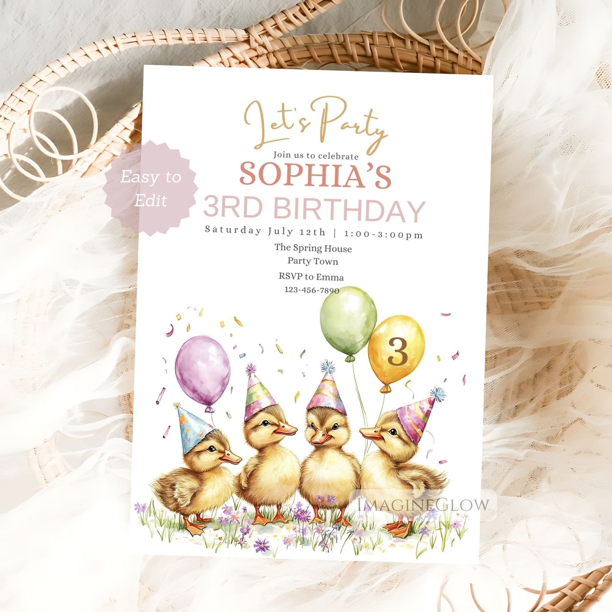 Duck birthday invitation floral editable in Canva