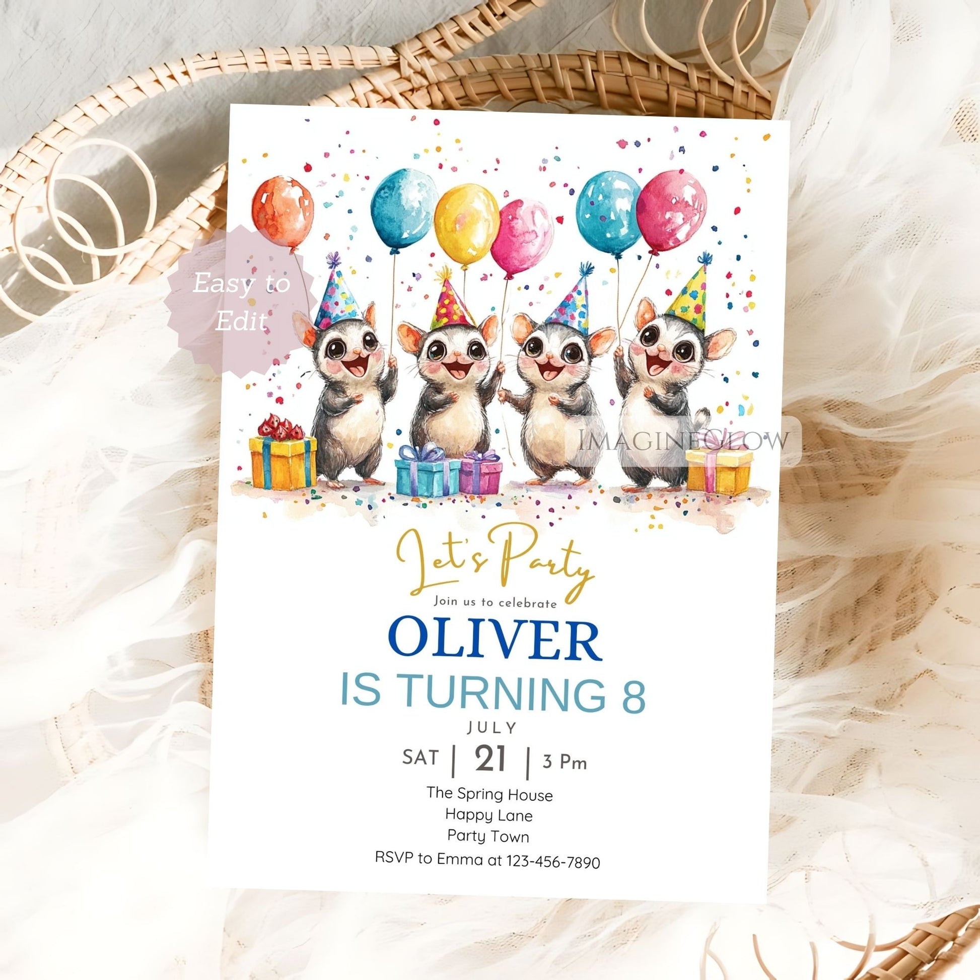 Adorable sugar glider themed birthday invite
Instant download sugar glider birthday invitation
Cute exotic pet birthday invitation editable