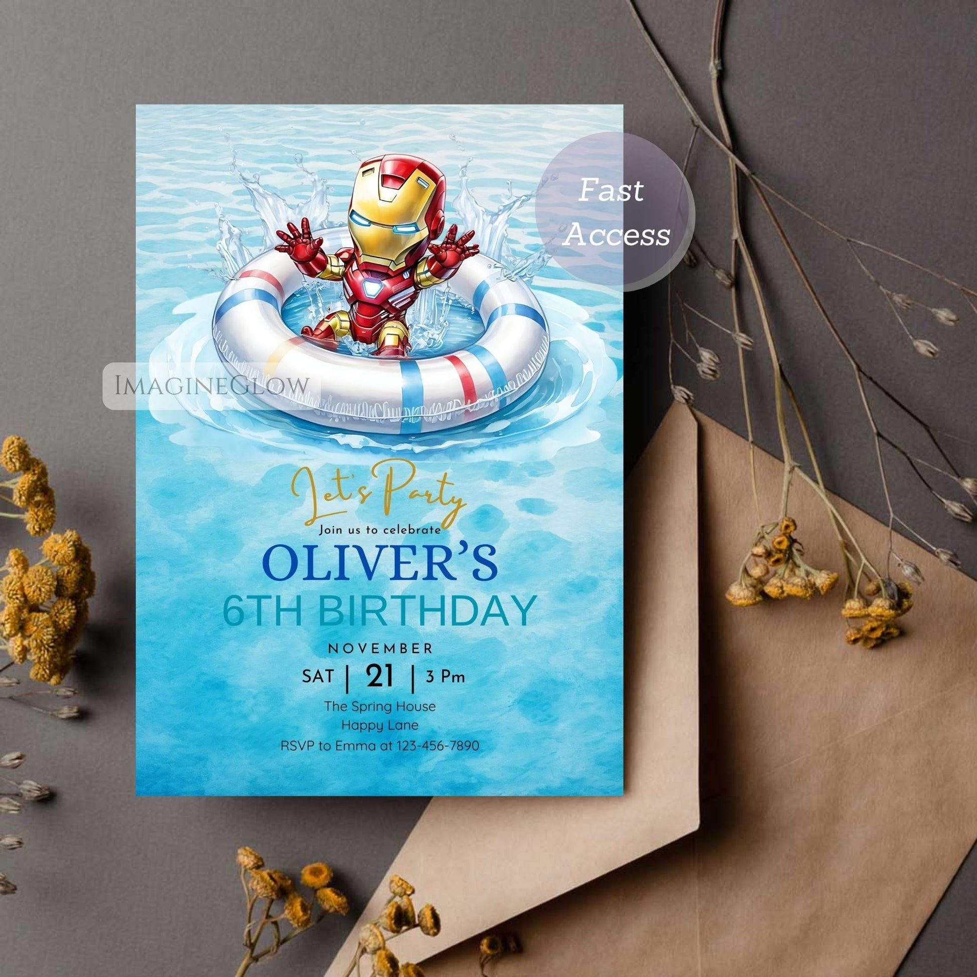 iron man pool party invitation
marvel superhero swim birthday invite