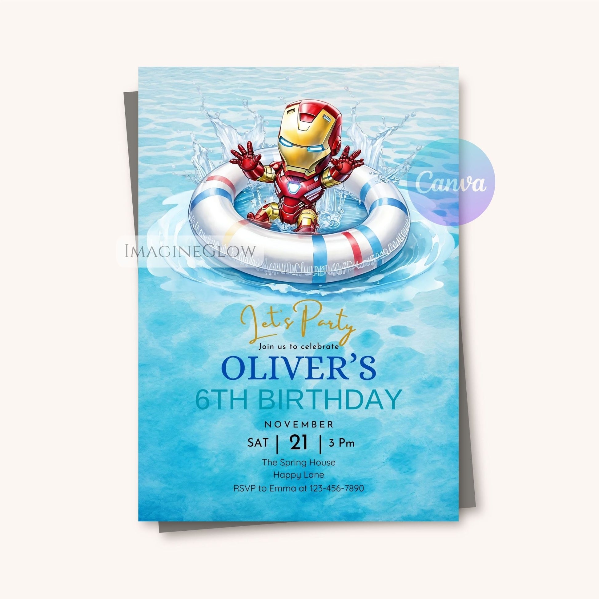 Birthday party invitation with Iron Man in a pool on a blue background