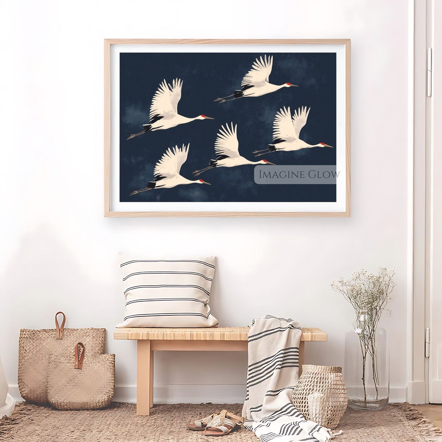 Japandi-inspired crane art print for wall decor.