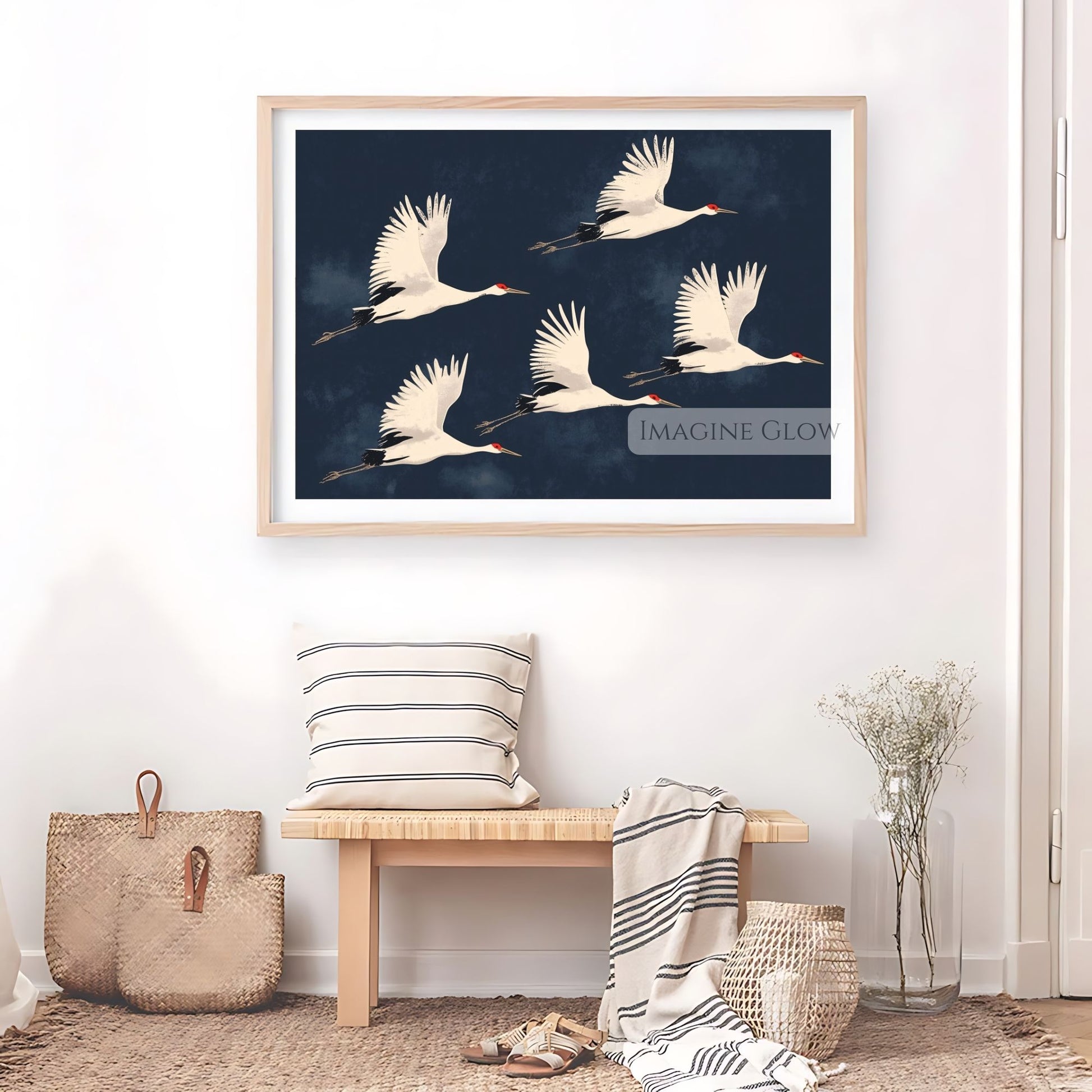 Japandi-inspired crane art print for wall decor.