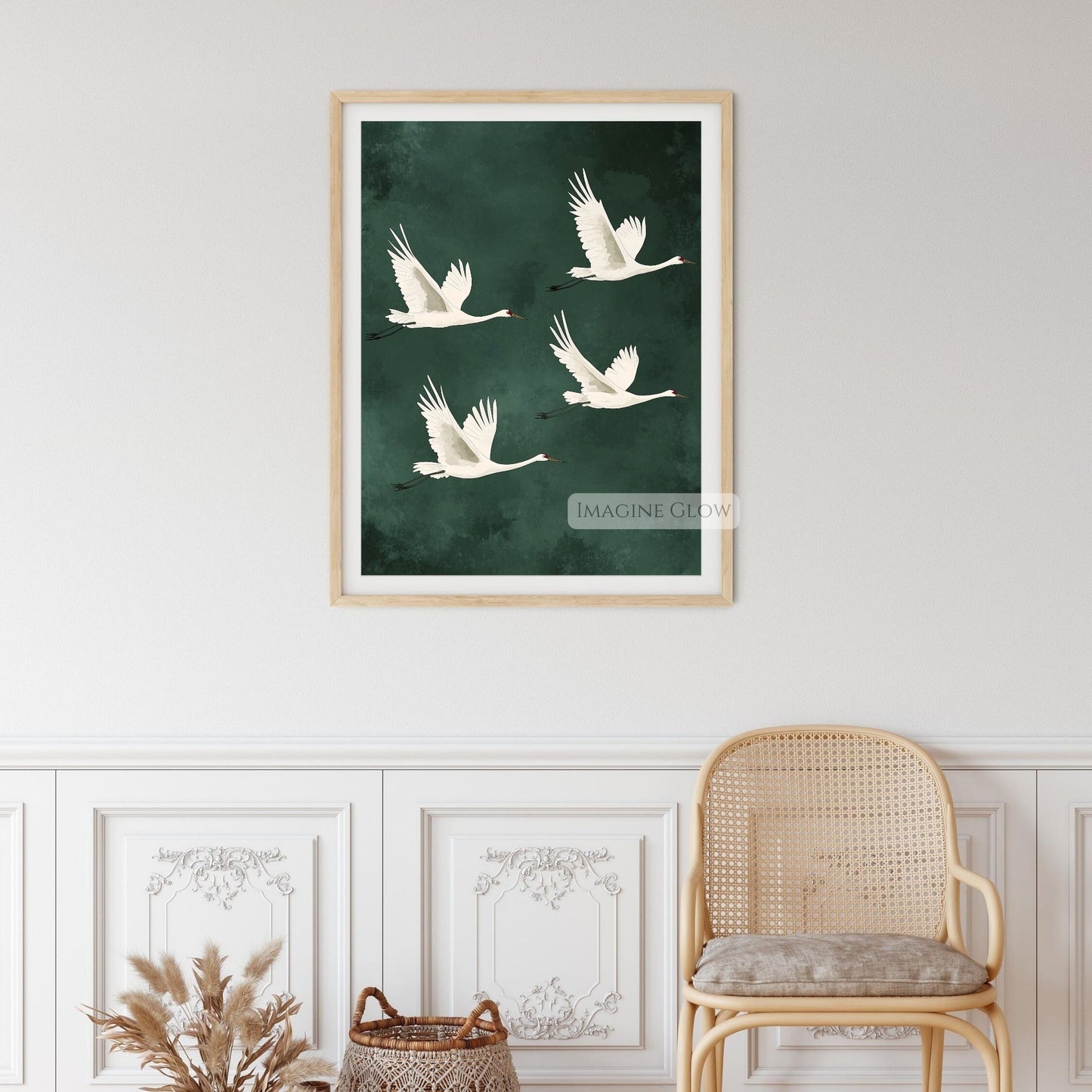 Serene bird decor with antique Japanese painting elements.