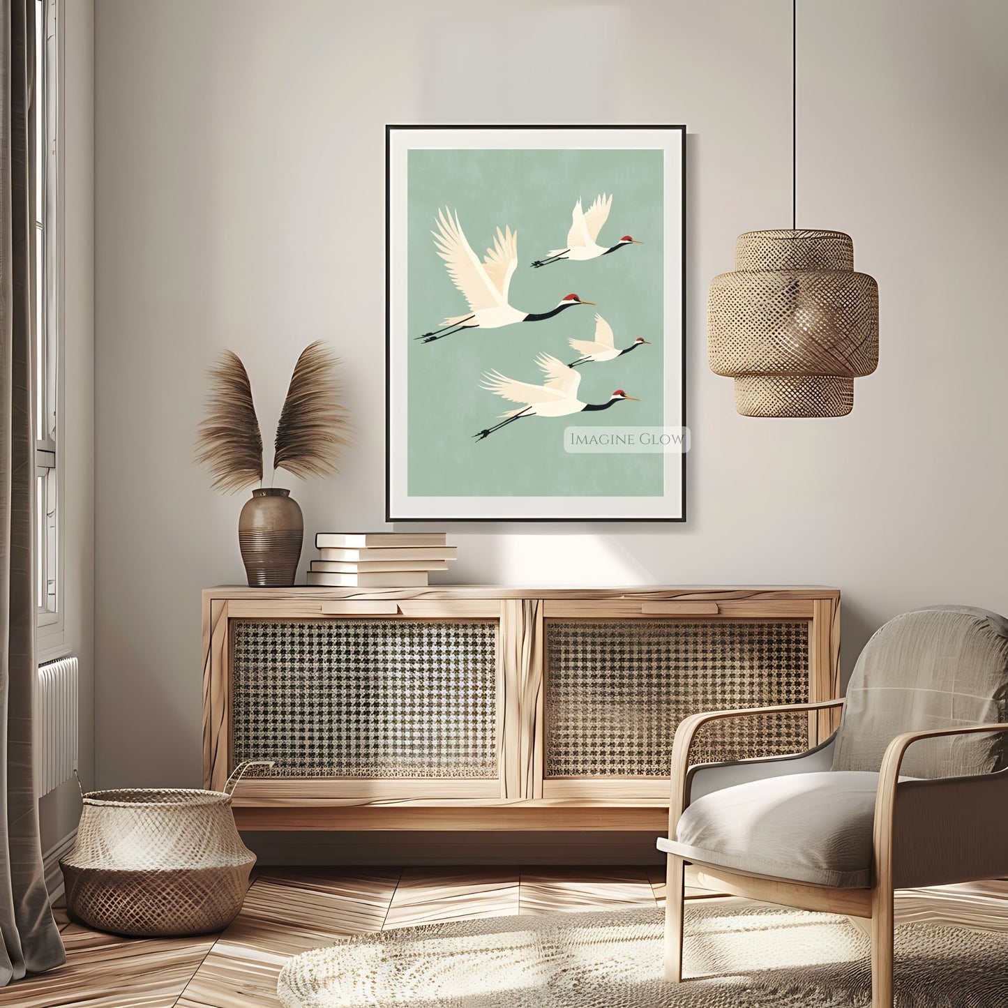 Japanese crane wall art featuring graceful birds in flight.
