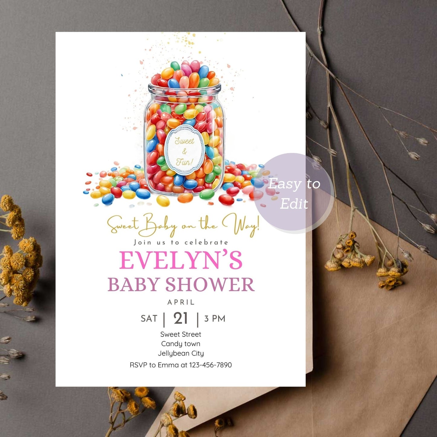 Jellybean baby shower invitation with colorful theme.