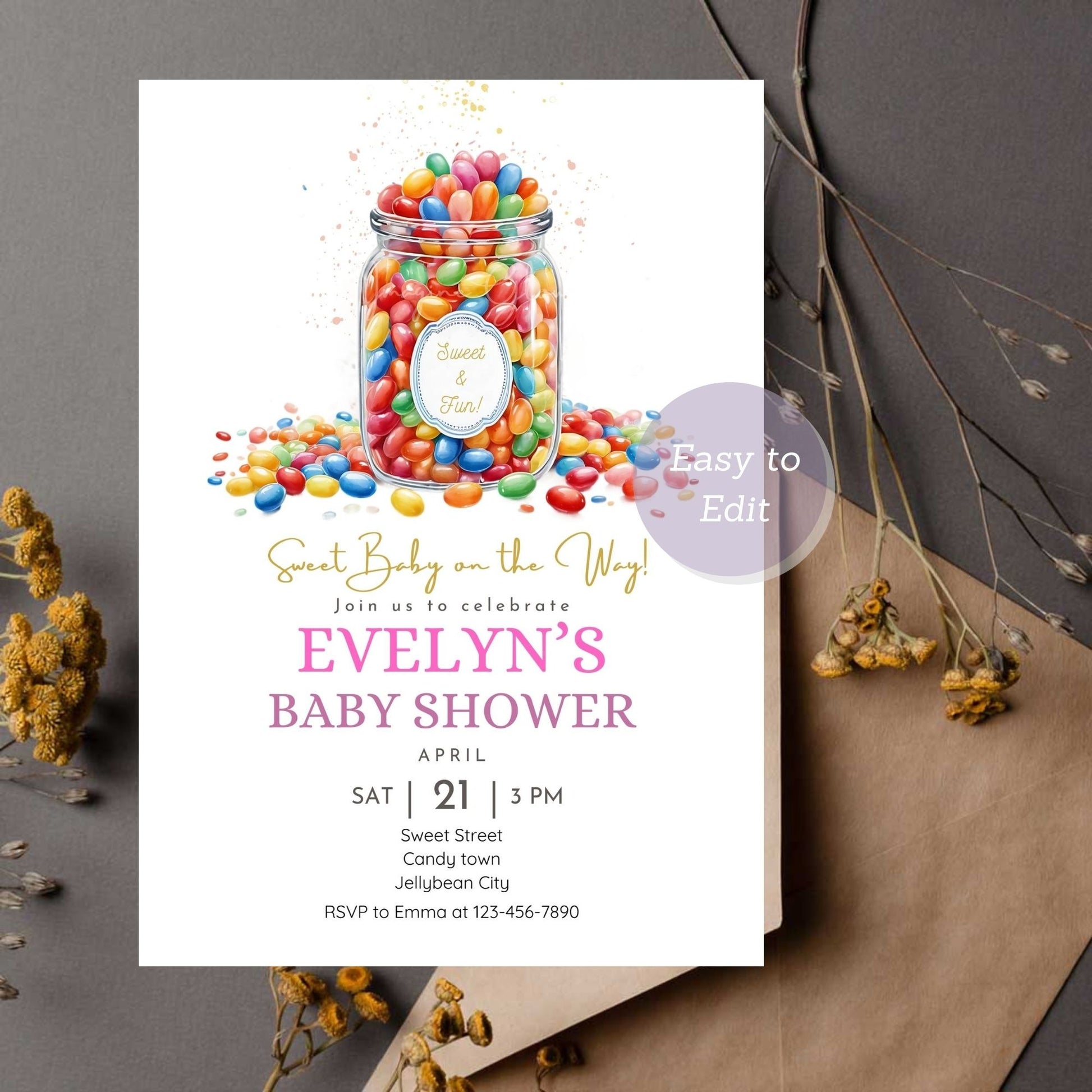 Jellybean baby shower invitation with colorful theme.
