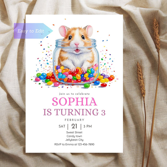 Jellybean hamster birthday invitation with colorful design.