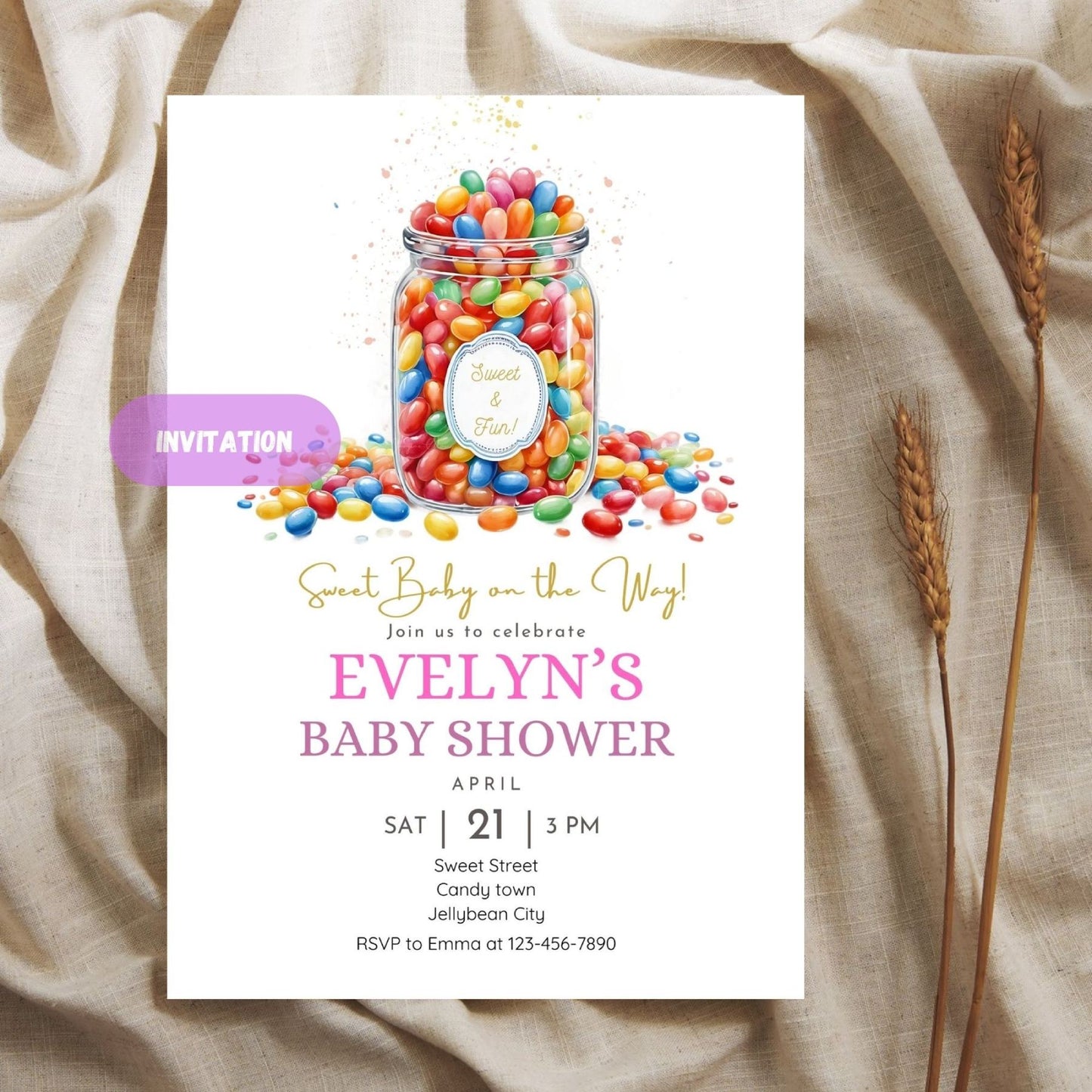 Vibrant baby shower invite set with a jellybean theme.
