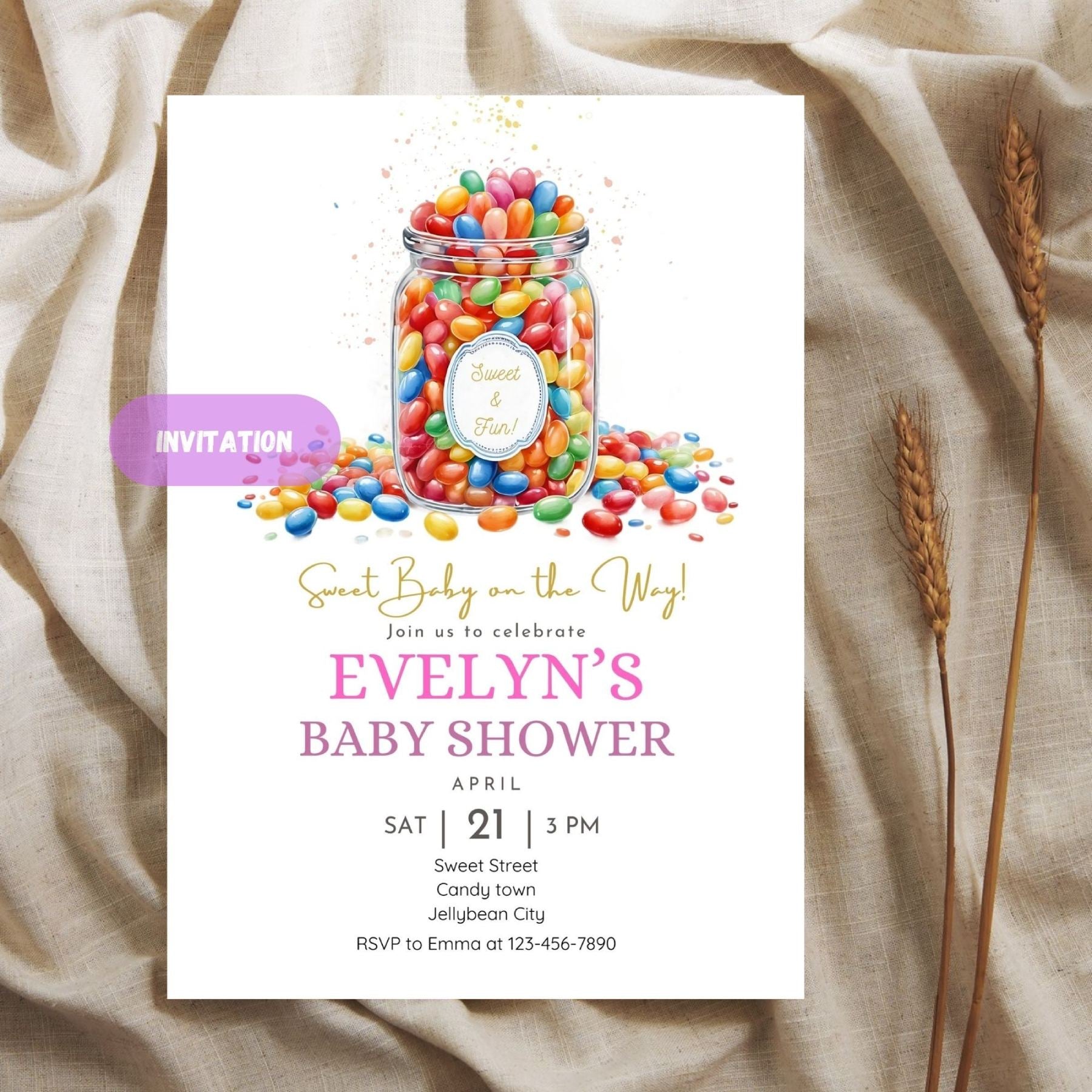 Vibrant baby shower invite set with a jellybean theme.