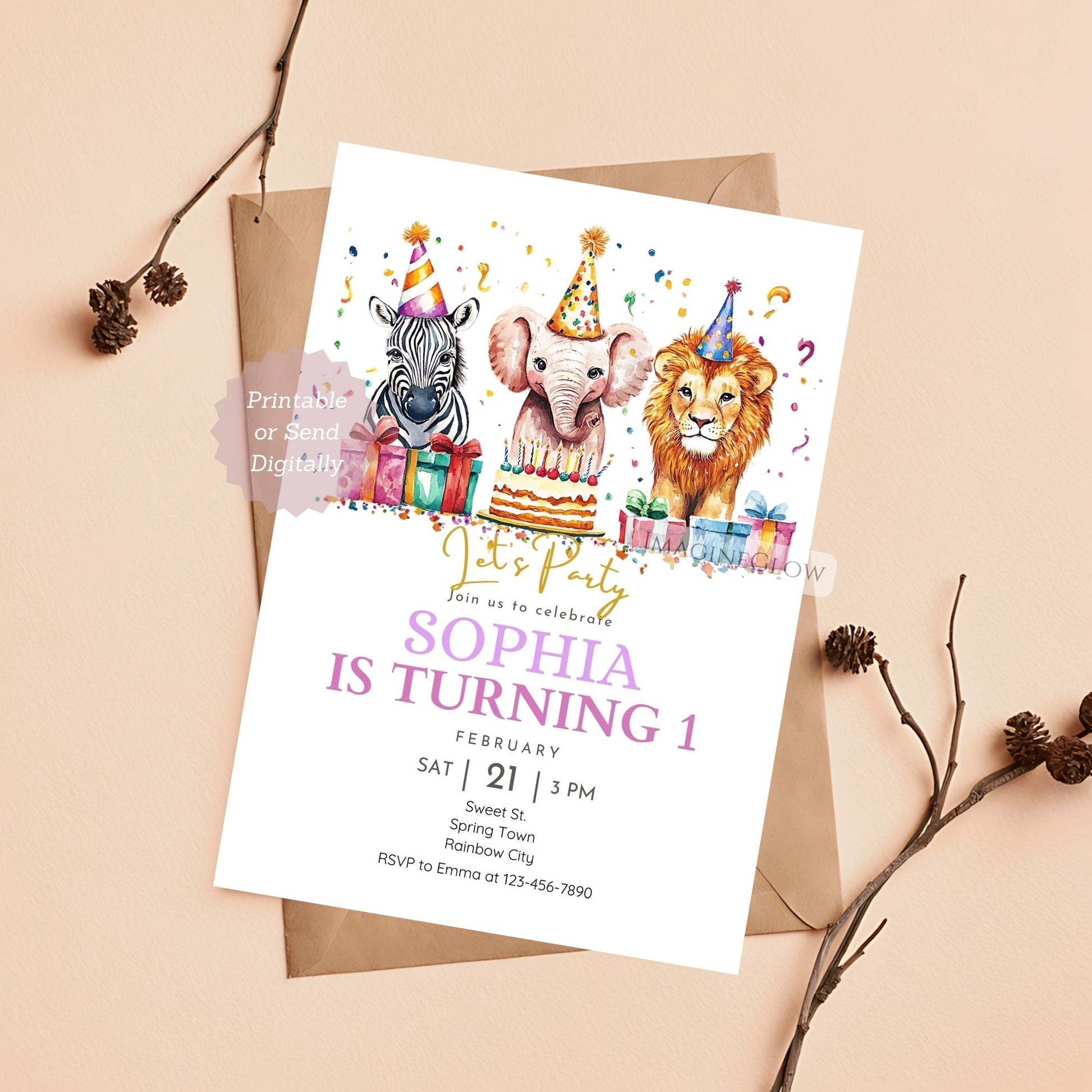 Safari Theme Birthday Invitation - Lion, Elephant, Zebra