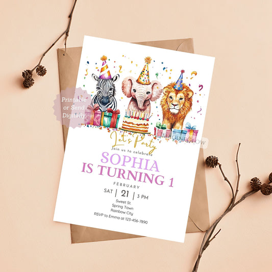 Safari Theme Birthday Invitation - Lion, Elephant, Zebra