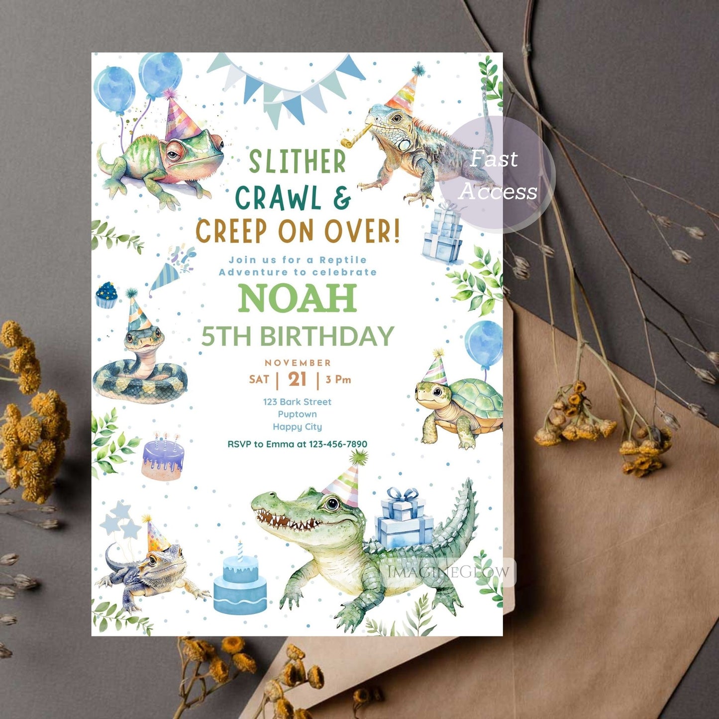 Fun lizard and snake birthday party invite for kids.
