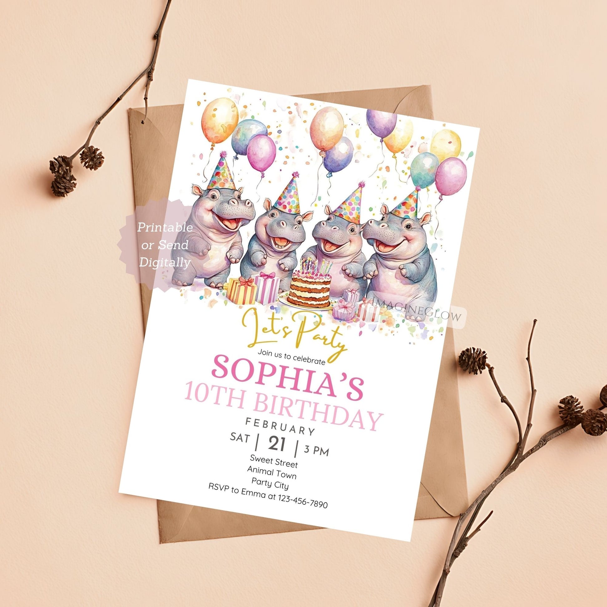 Jungle animal-themed birthday invite
Safari hippo birthday invitation