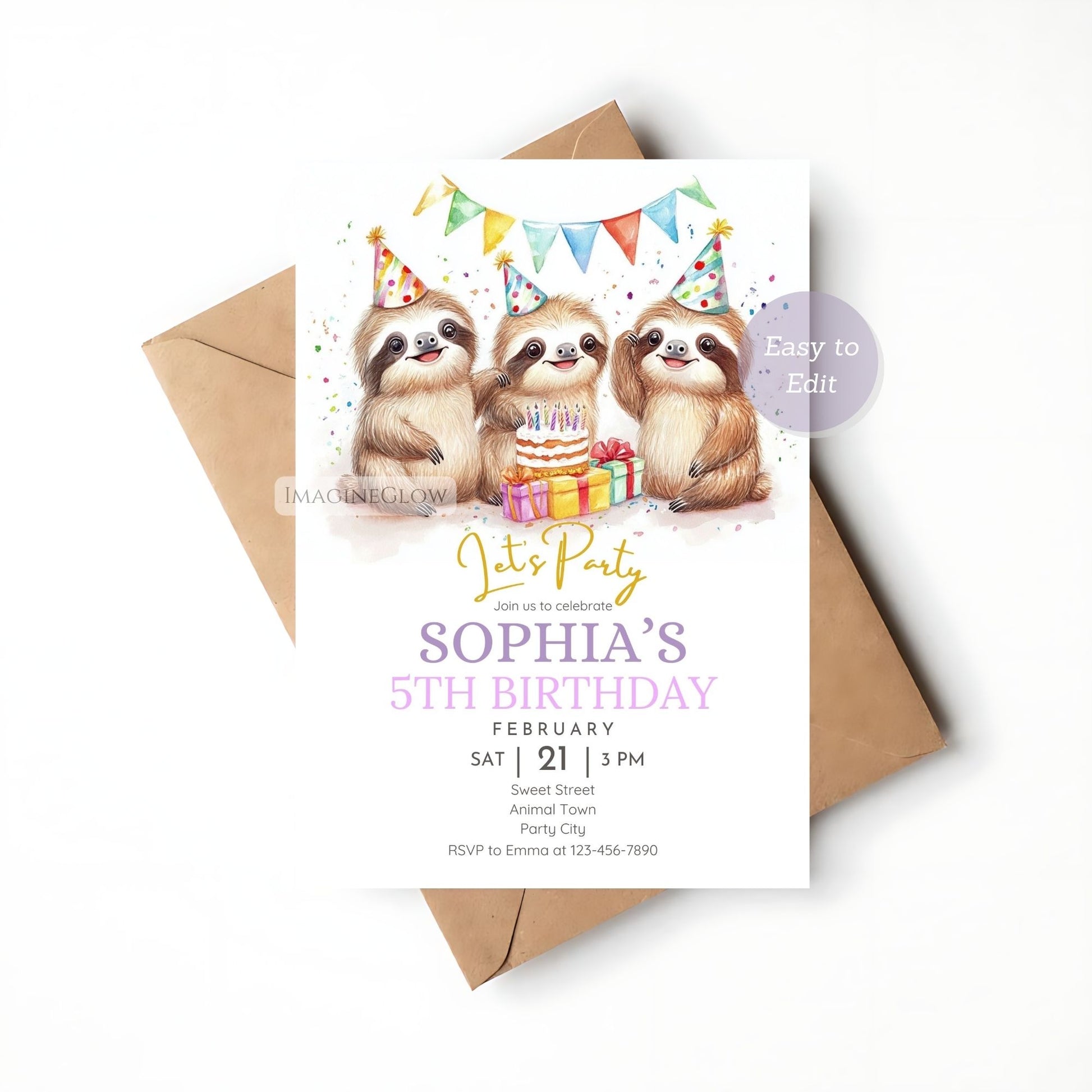 Printable sloth birthday party invite
Editable jungle creature party invite