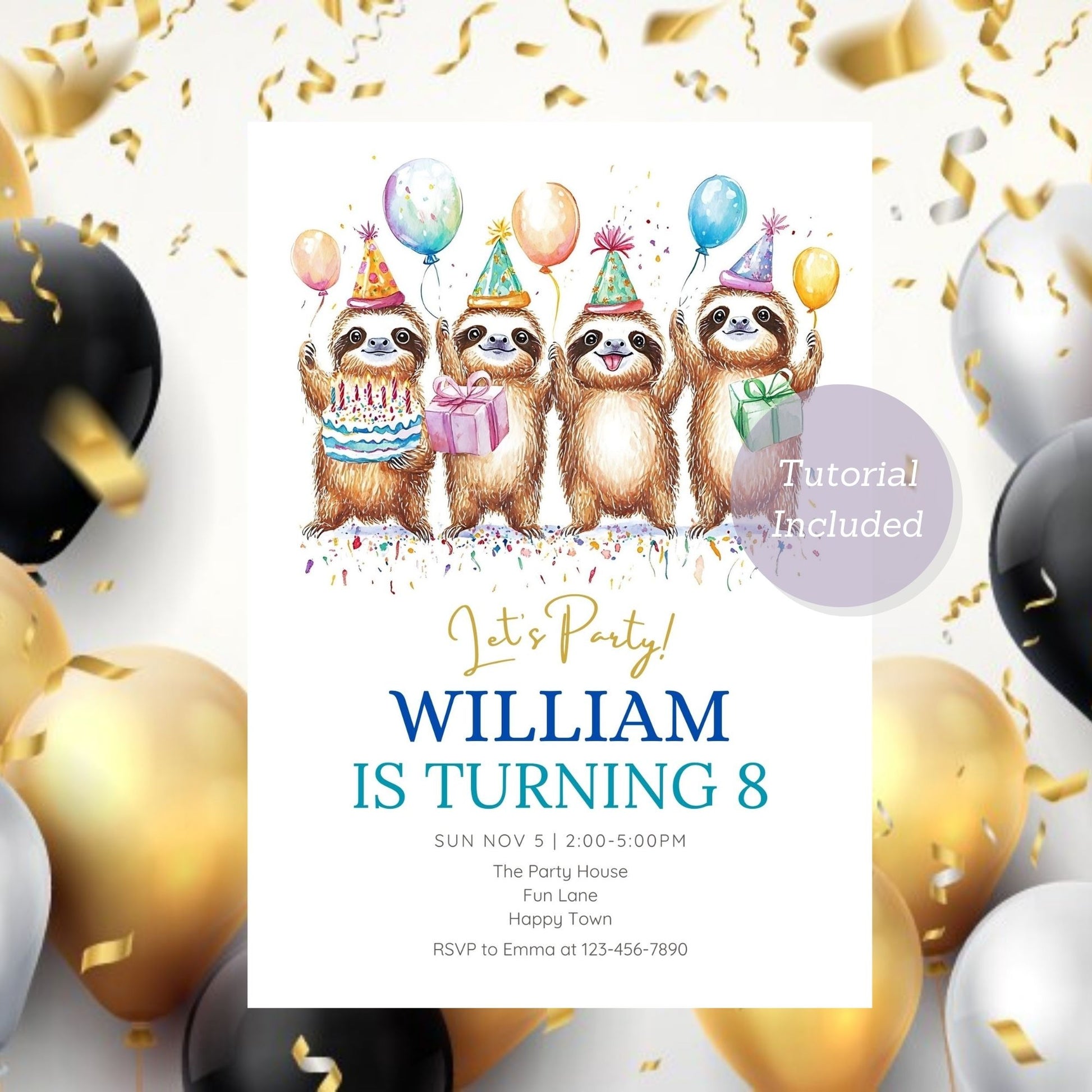 Customizable sloth party invitation for kids birthday event