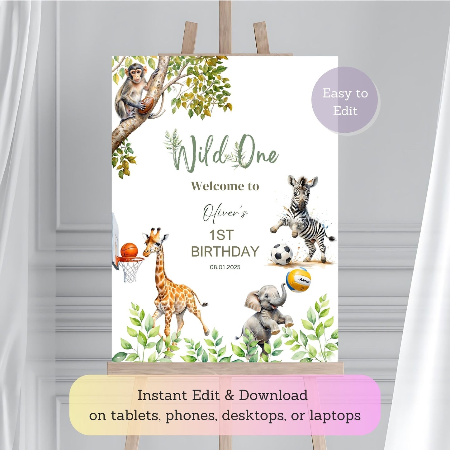 safari animals celebration sign with giraffe and jungle theme.