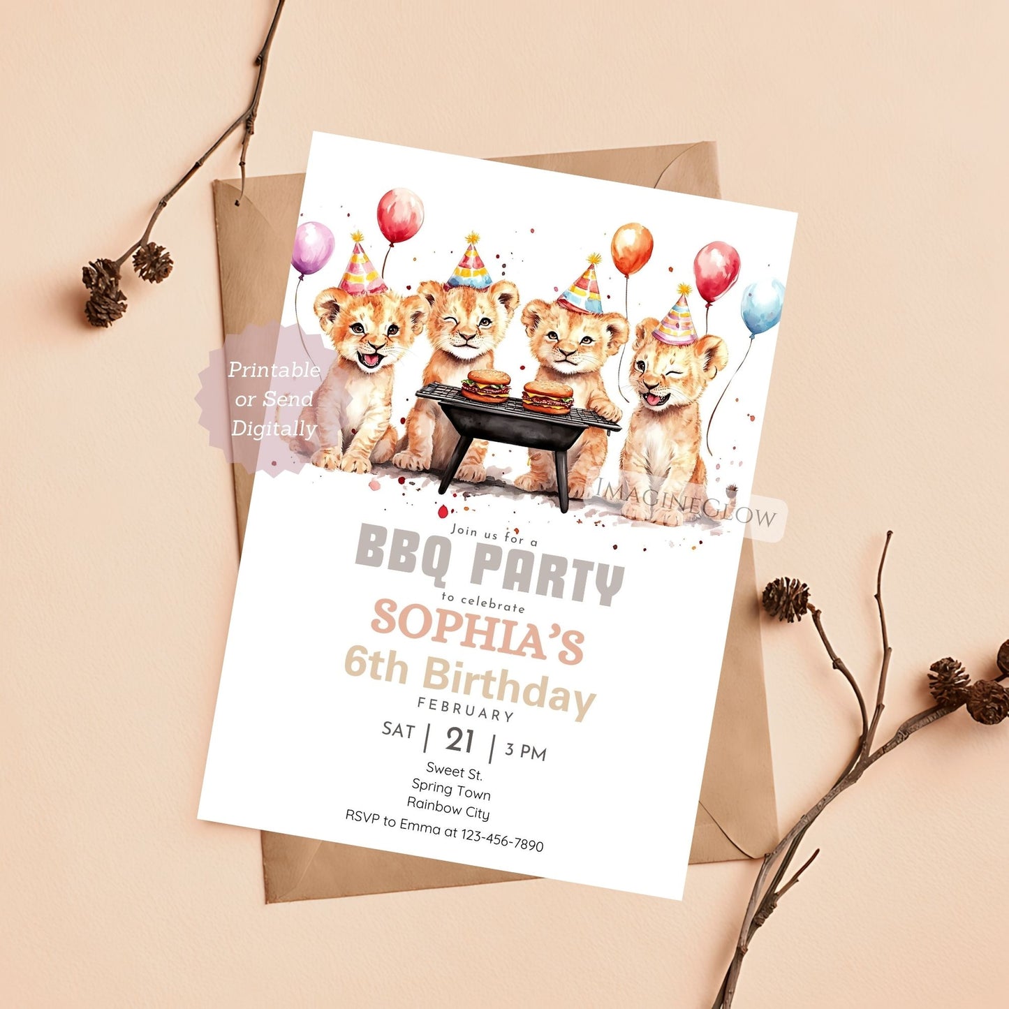 Fun jungle animal BBQ invitation with festive decorations.