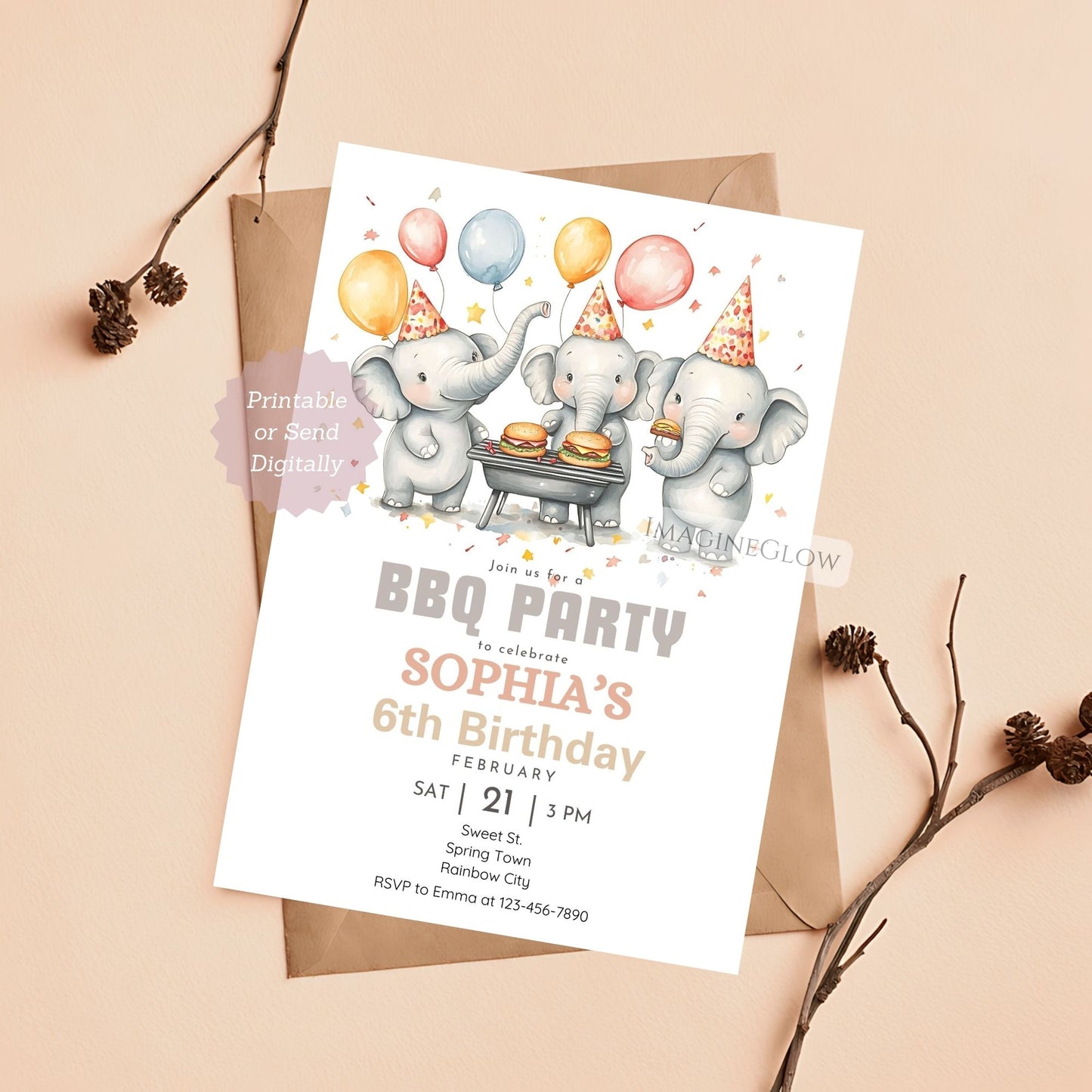 Cute elephant grilling food on a BBQ birthday invite.