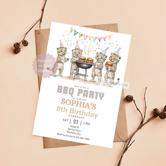 Cheetah BBQ Birthday Invitation with a safari cookout theme.