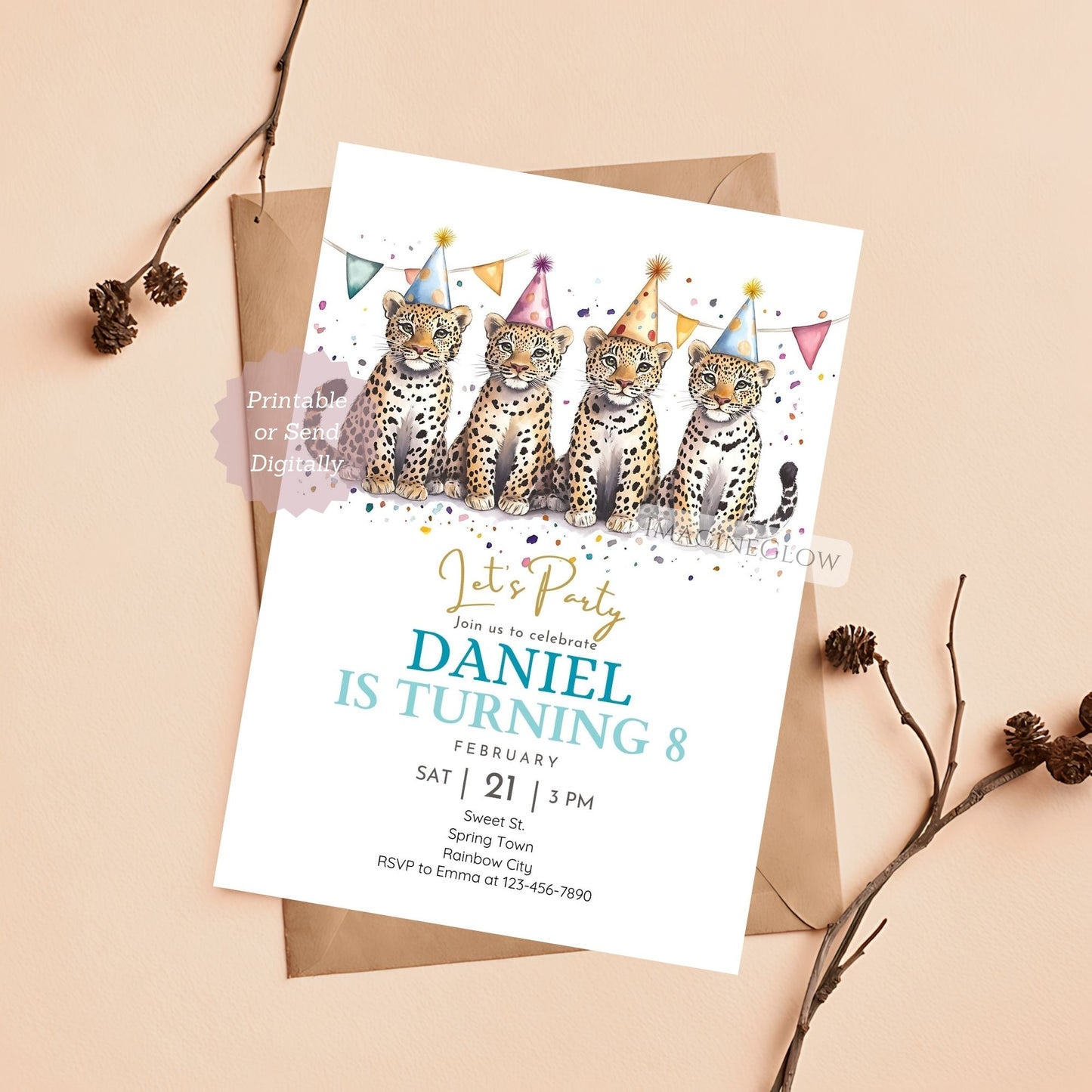 Fun wild animal party invite featuring a cheetah.
