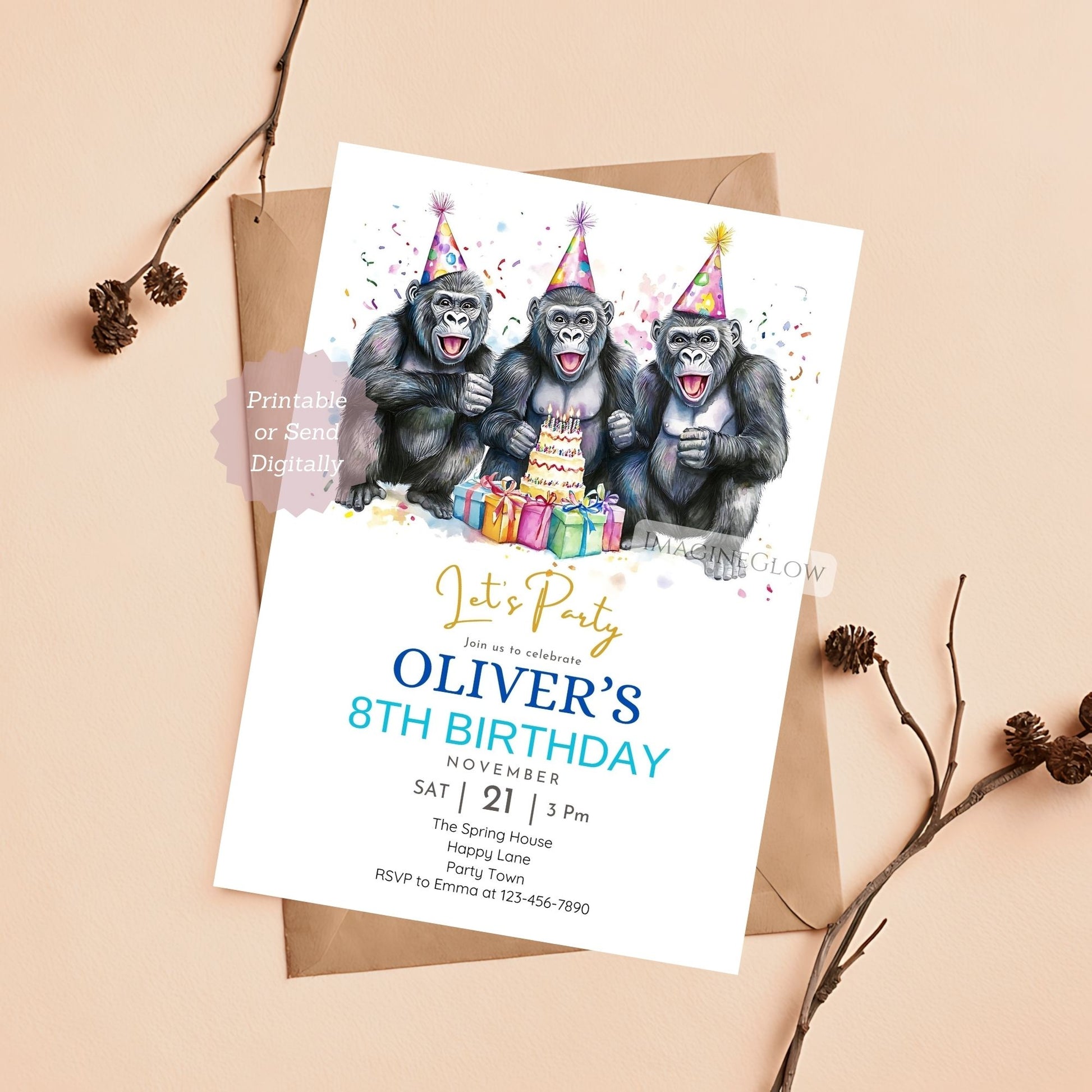 Gorilla Birthday Invitation - Jungle Party Theme
