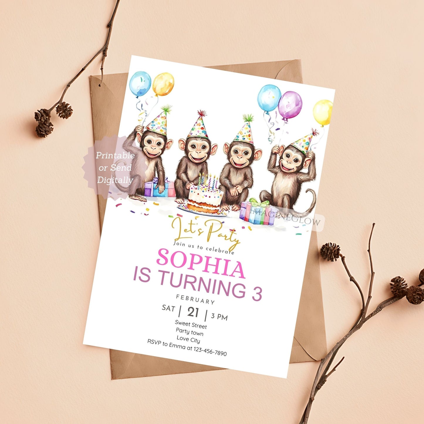Monkey Birthday Invitation - Jungle Party Theme
Fun Monkey Birthday Party Invite - Editable Template